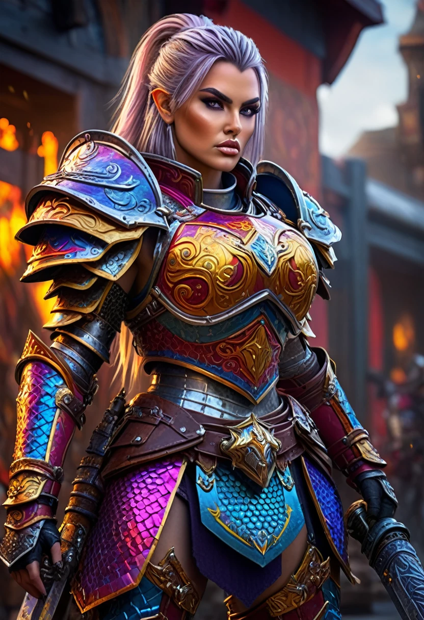 a female warrior, fantasy, ornate chainmail armor, lots of protective colorful clothing, wielding a Warhammer Bolter, detailed facial features, expressive eyes, dramatic lighting, cinematic perspective, intricate armor details, vibrant colors, epic fantasy scene, muscular female figure, heroic pose, scifi elements, detailed textures, photorealistic, 8k, best quality, masterpiece