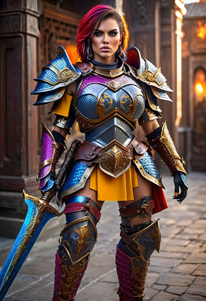 a female warrior, fantasy, ornate chainmail armor, lots of protective colorful clothing, wielding a Warhammer Bolter, detailed facial features, expressive eyes, dramatic lighting, cinematic perspective, intricate armor details, vibrant colors, epic fantasy scene, muscular female figure, heroic pose, scifi elements, detailed textures, photorealistic, 8k, best quality, masterpiece