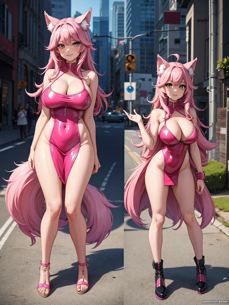 Happy , with wolf ears and pink hair, holding her cheeks, wolf tail, wearing a latex dress, looking at veiwer, full body, you can see her chest, naked breasts