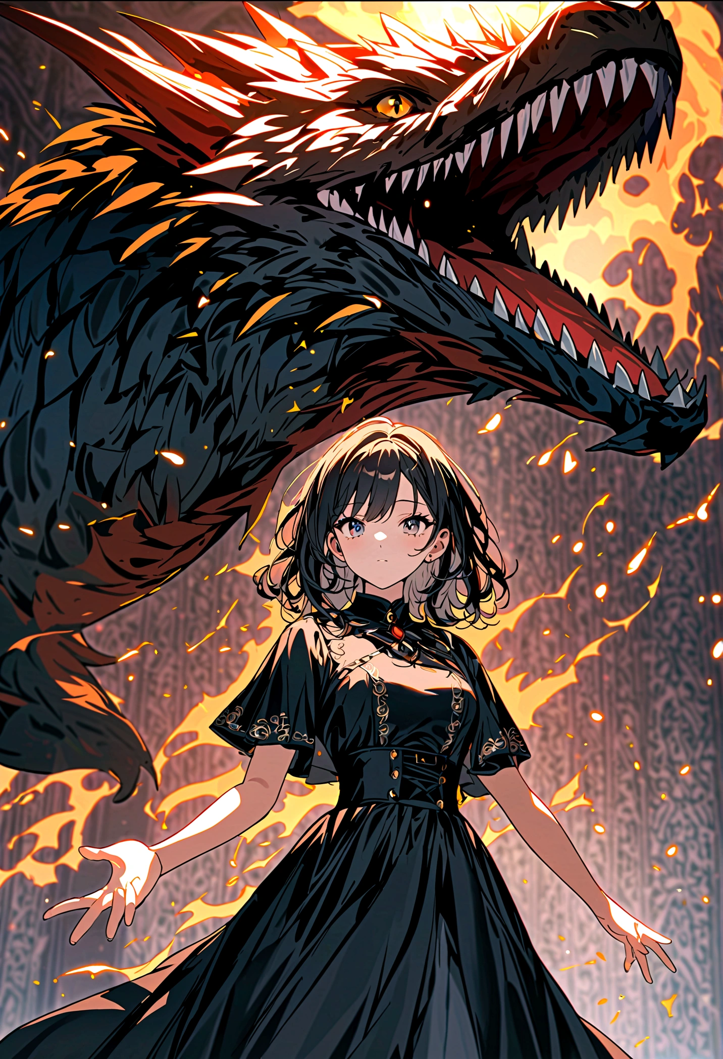 1 girl stand by a dragon,she hand a fire sward,dress a black skirt,so beautiful,8k,the best quality,masterpiece,wallpaper,detailed face