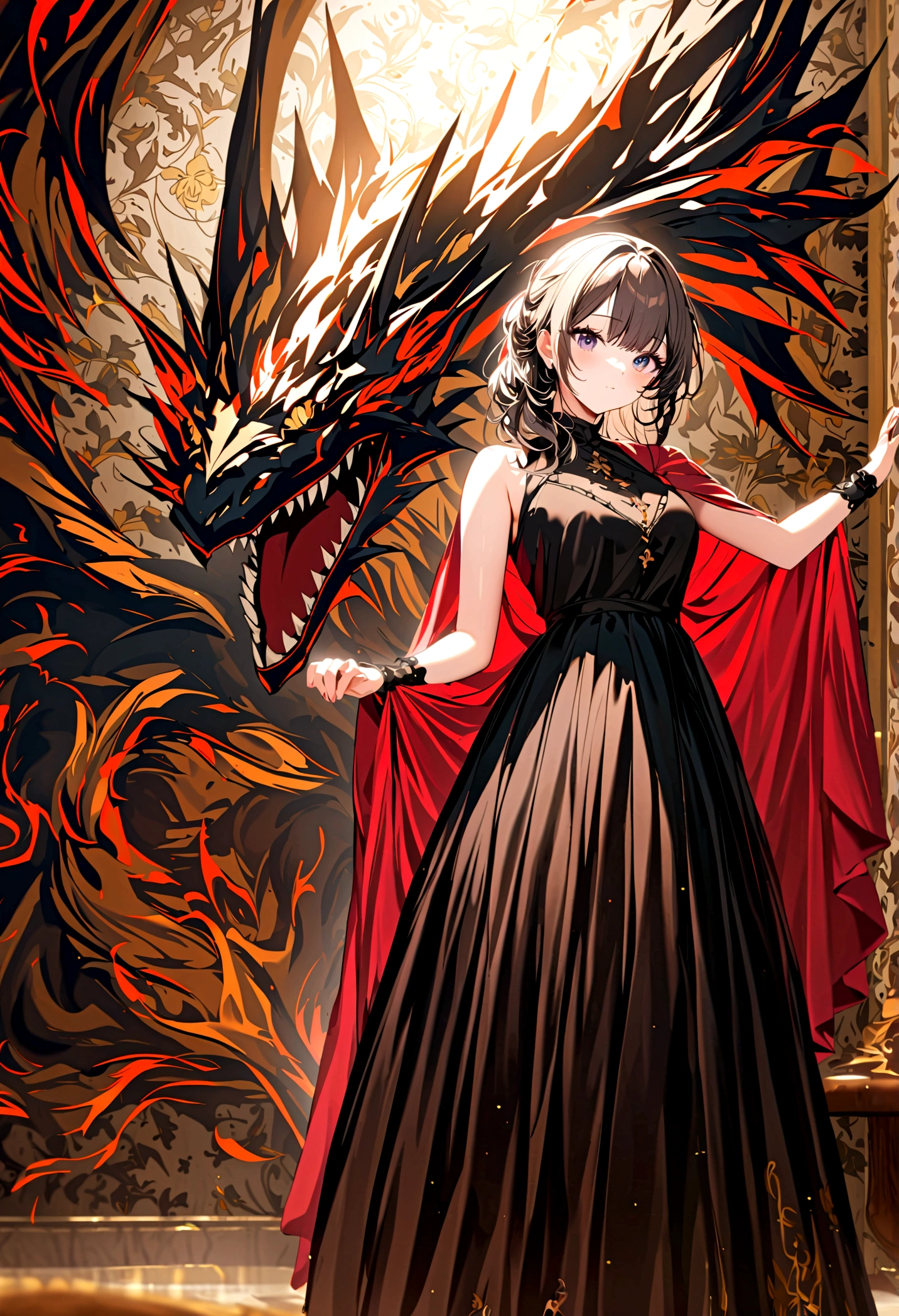 1 girl stand by a dragon,she hand a fire sward,dress a black skirt,so beautiful,8k,the best quality,masterpiece,wallpaper,detailed face