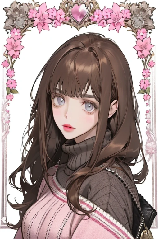 Girl, long brown hair, dark gray eyes, soft sharp features, white skin, pink lips, sweater