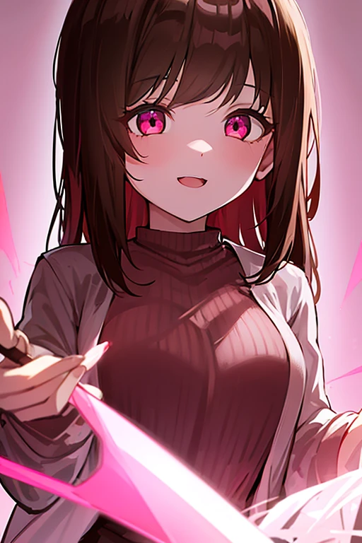 Girl, pale skin, fluffy medium-length brown hair, glowing pink eyes, holding knife, laughing maniacally, holding cheeks, cute, yandere, anime