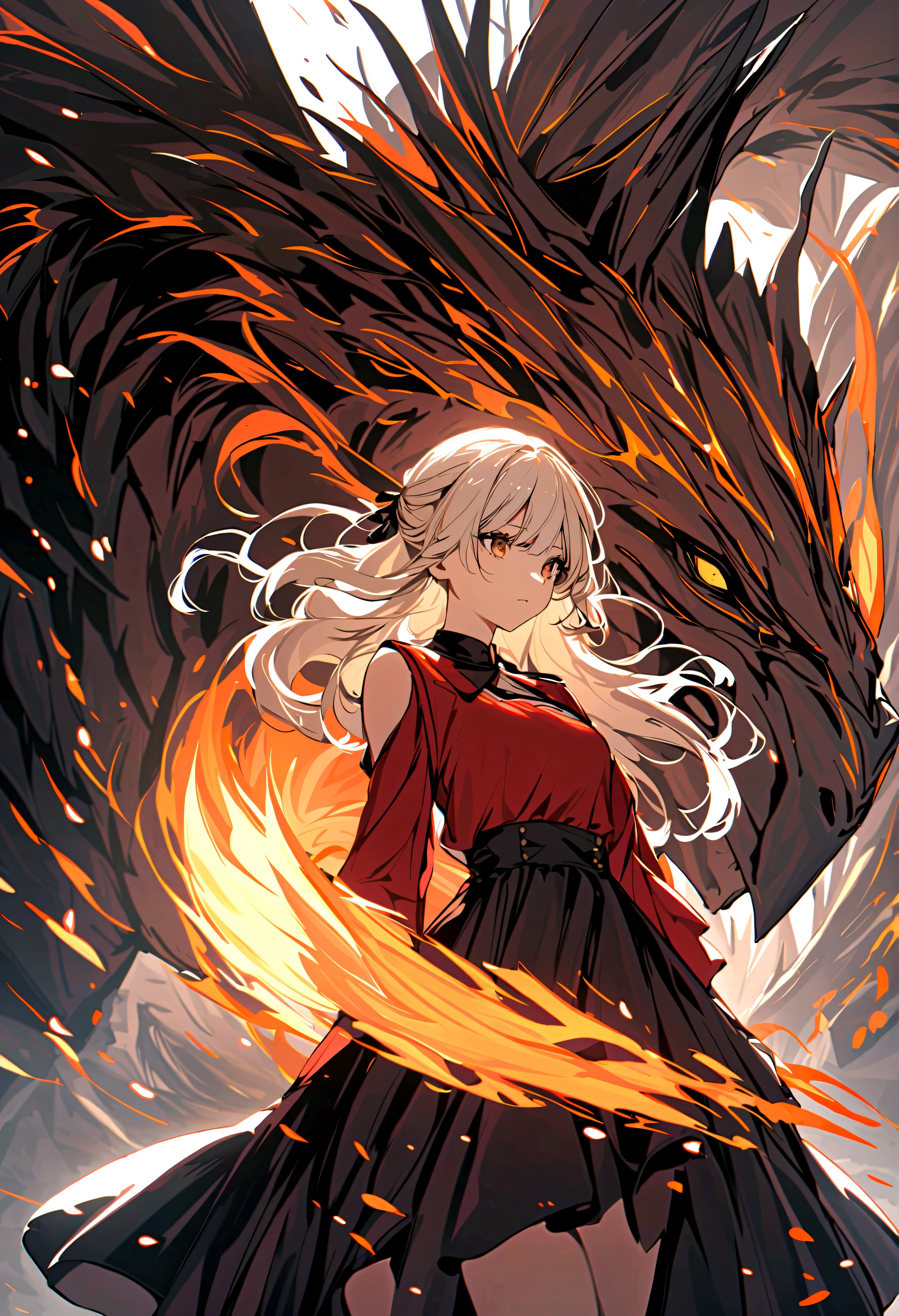 1 girltand by a dragon,she hand a fire sward,dress a black skirt,so beautiful,8k,the best quality