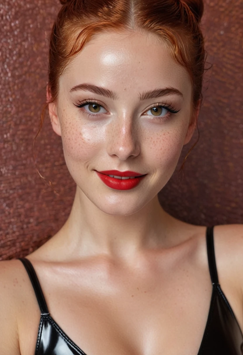 hyperrealistic beautiful flat chested 19-year-old woman with long legs wearing latex string swimsuit , model shooting full body photography, natural redhead classic bun, freckles, soaky wet skin, dark eye makeup with eyeliner, seductive smile, red lips, 8K, Best quality, Meisterwerk, ultra high resolution, (Realismus: 1.4), Originalfoto, (realistische Hautstruktur: 1.3), (Filmkorn: 1.3), (Selfie-Winkel), 1 girl, Beautiful round hazel eyes and facial details, Meisterwerk, Best quality, indoor photography in front of a shiny leather wall, nsfw