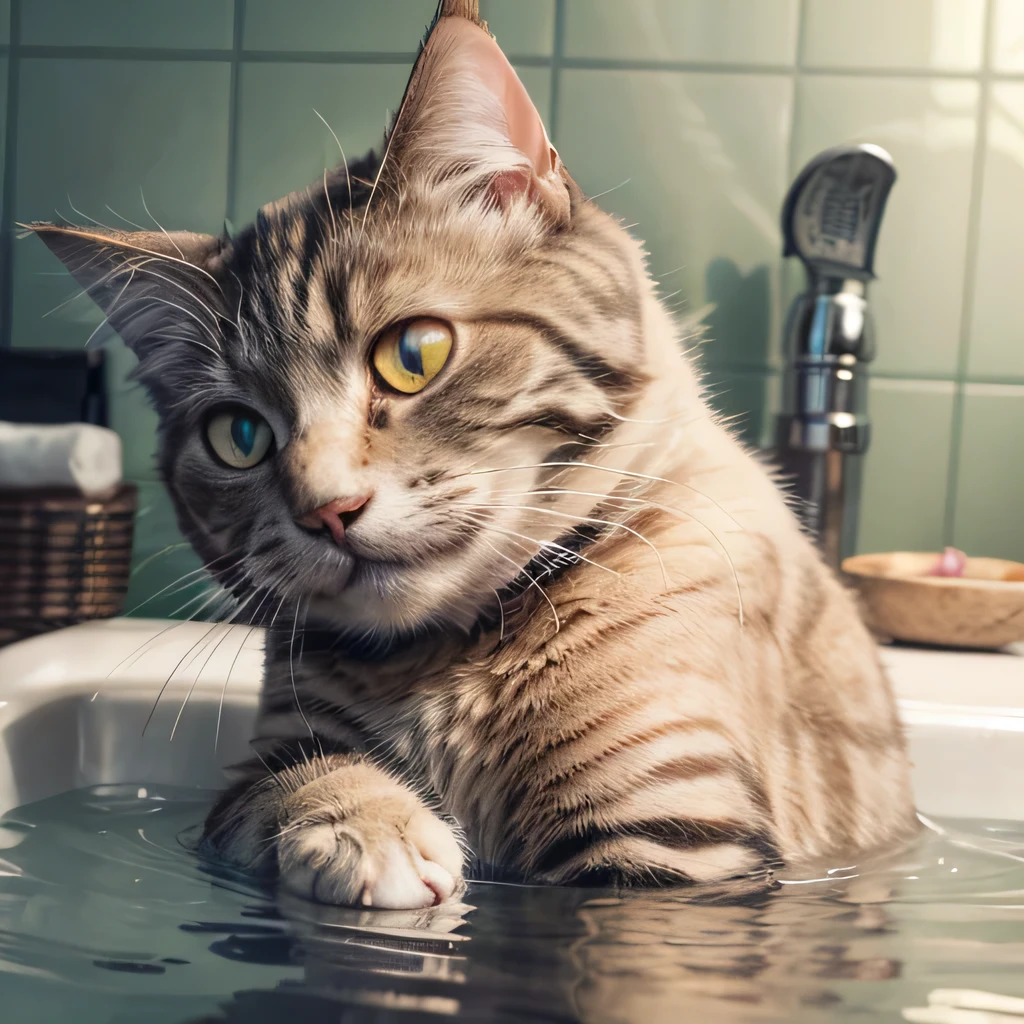 raw photo , 8K, ultra detailed, (cat in bath:1.3), (smile:1.2)