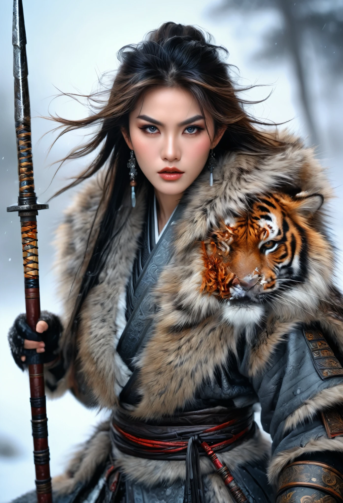 (best quality,4k,8K,High resolution,masterpiece:1.2),Extremely detailed,(Practical,photoPractical,photo-Practical:1.37),Thick fur winter coat,Creative fusion of traditional Chinese design patterns and contemporary elements, Messy hair, Intense expression, Energetic, Sharp eyes, 1 Samurai, Handsome face, Tiger beast, Epic Fantasy Character Art, wearing intricate fur armor, Luis Royo (Luis Royo) style, Northern female warrior holding a spear, HDR, Ultra HD, Studio Lighting, Super Fine, Clear focus, Physically Based Rendering, Extremely detailed的描述, professional, Bright colors, Bokeh, portrait, landscape