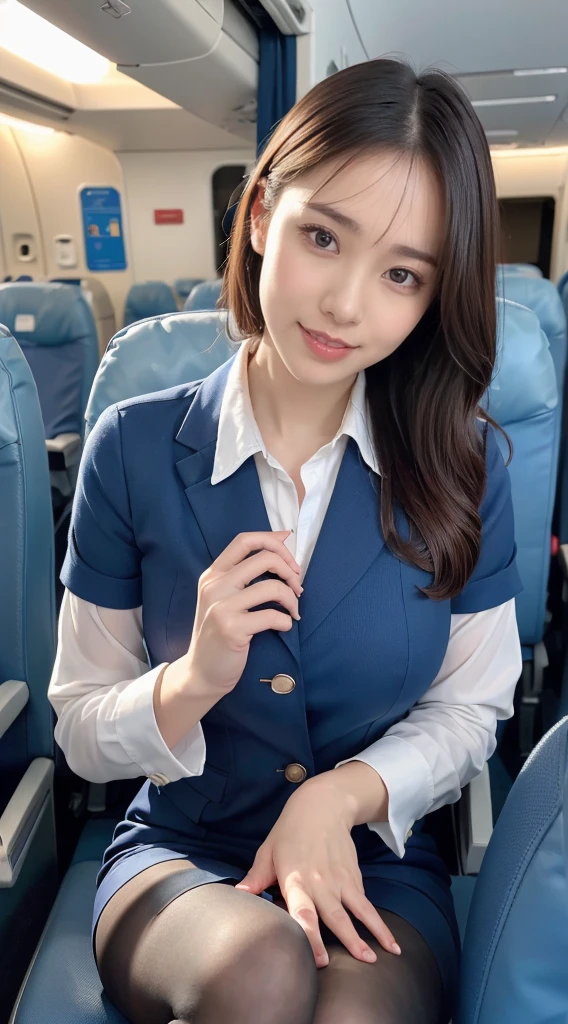 (8K, best quality, masterpiece:1.2), (realistic, photo-realistic:1.37), (high color saturation:1.0), (highly detailed skin), (highest quality:1.0), (ultra high resolution:1.0) ,(realistic:1.0), (Super detailed:1.0), (8K, Raw photo:1.1)、standing random pose, smiling, natural breast, perfect lighting, 3girls, 22years old, (mysterious), clear and detailed, ((ANA_Cabin Crew, blue flight attendant_uniform)), black pantyhose, (aircraft, aircraft seats), cute face, squat , (pick up handkerchief),