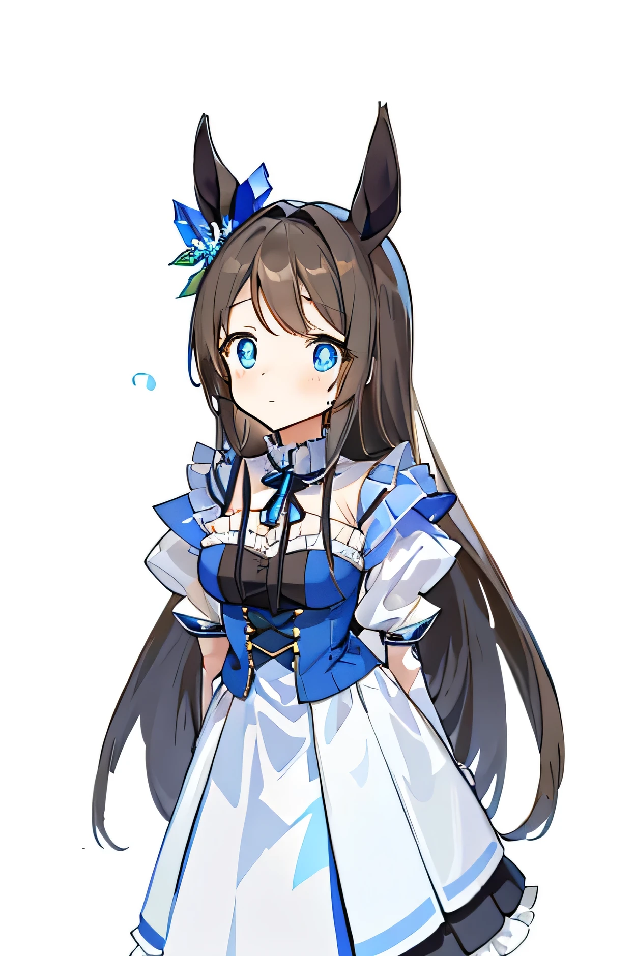 ((masterpiece, Best quality)),(Implications),(Detailed lighting),((Extremely exquisite and beautiful)),1 girl,Malta,Horse girl,Long gray hair,brown hair,gradient blue eyes,Smart pupils,Black knee socks,black and blue dress,blue socks,Blue Skirt，knee socks,boots,Long sleeve,Frills, Footwear,Off-shoulder, cleavage cutout，Large，stand up，Background shadows，Really brought tears to my eyes