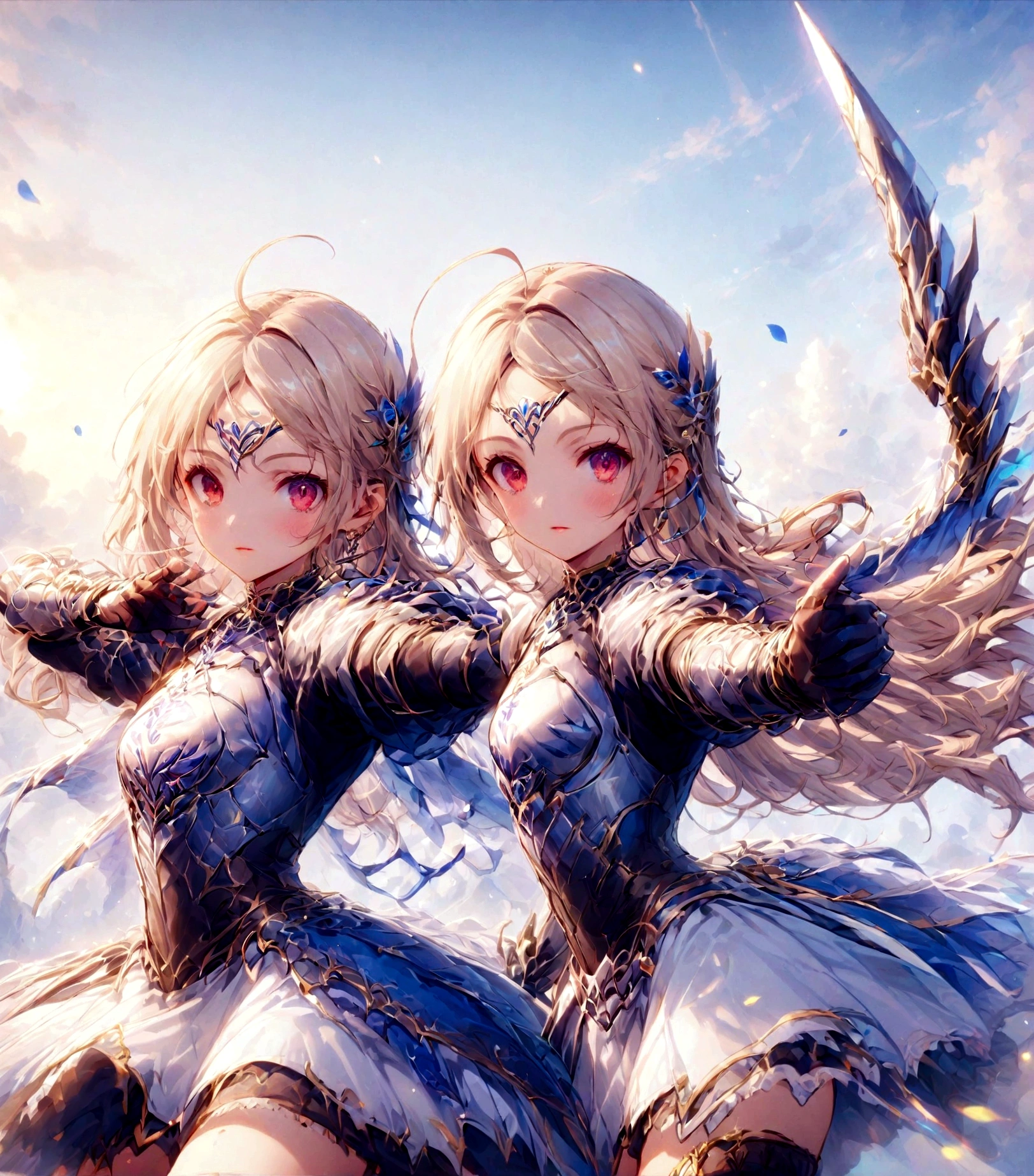 extremely detailed CG unity, best quality, masterpiece, 1girl, beautiful face, cute face, teenager, s old, light blue hair color, long hair, goggles on forehead, wings on goggles, red eyes color, armored dress, mini skirt, petals skirt, Blue armor, white dress, gold accent, pink accent, thigh, sky background. Her name is Sylphid Balterossa