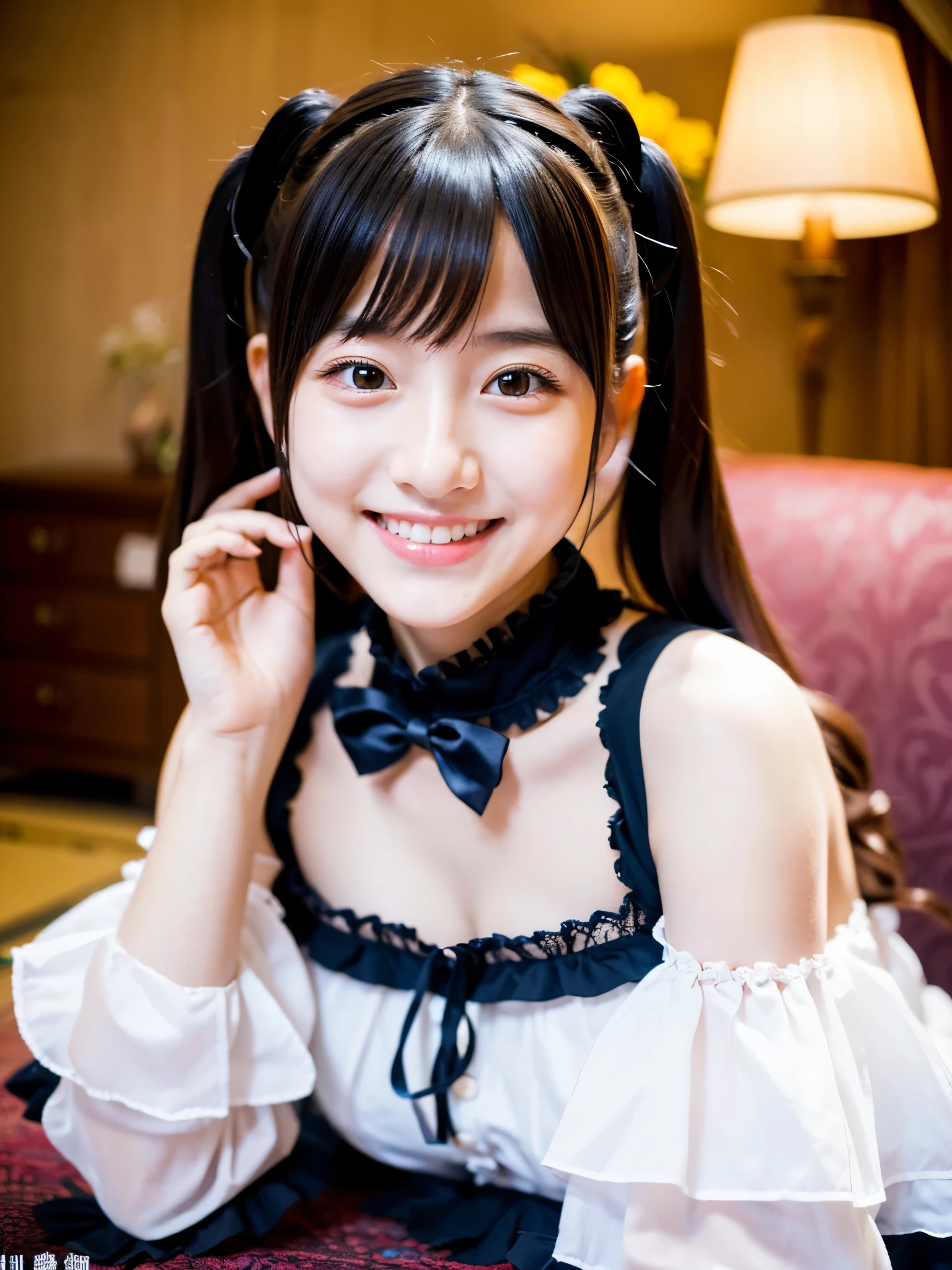 Cute face like a 15-year-old idol　Smiling Kindly　Japanese Gothic Lolita　Cosplay　Frills　Cleavage　Hotel Living Room　stand　morning　Whole body　RAW Photos　High resolution　Genuine　live-action　Accurate depiction　Realistic