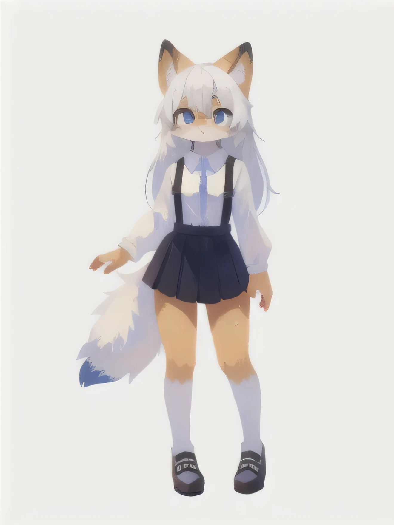 (uploaded on e621, furry, anthro, kemono:1.3),, (best quality, masterpiece, illustration, ultra-detailed:1.3), (white background:1.5), (full body, standing), 1girl, solo, fox girl, long hair, white hair, (suspender skirt, black skirt, white shirt, long sleeves), (looking at viewer:1.3), loafers, blue eyes, (gouache, oil, impressionism)
