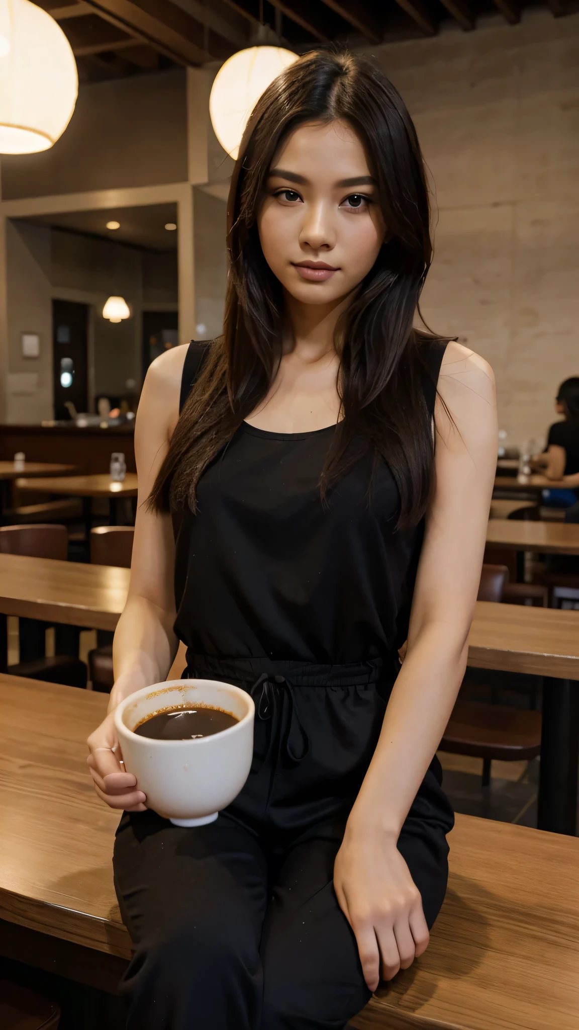 Taiwanese beauty，in restaurant，jumpsuit，Coffee on the table