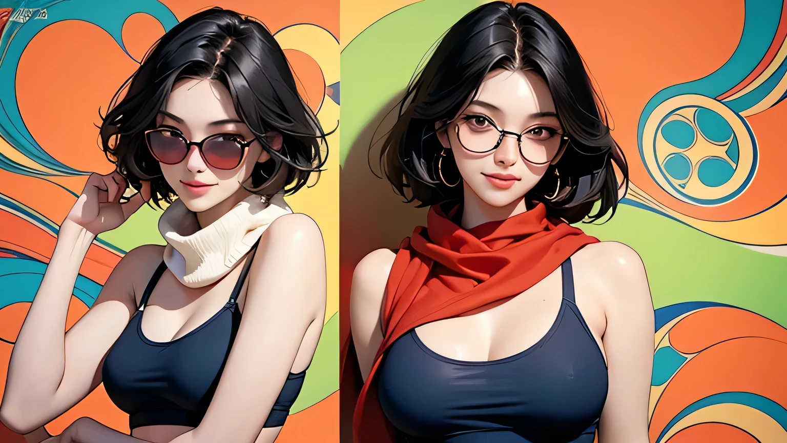 (masterpiece, best quality, 8k wallpaper, high resolution, ultra-realistic) Two women, Japanese girls, 18 years old, long hair and short hair, duo, sunglasses, red long scarf around neck, (masterpiece: 1.2, best quality), (realistic, photorealistic: 1.4), (masterpiece, best quality), looking at you, navy blue school swimsuit, cleavage, D cup, sexy pose, kenpo pose, full body, best proportions, white skin, black hair, looking forward, smiling, 1970s sunglasses, psychedelic background