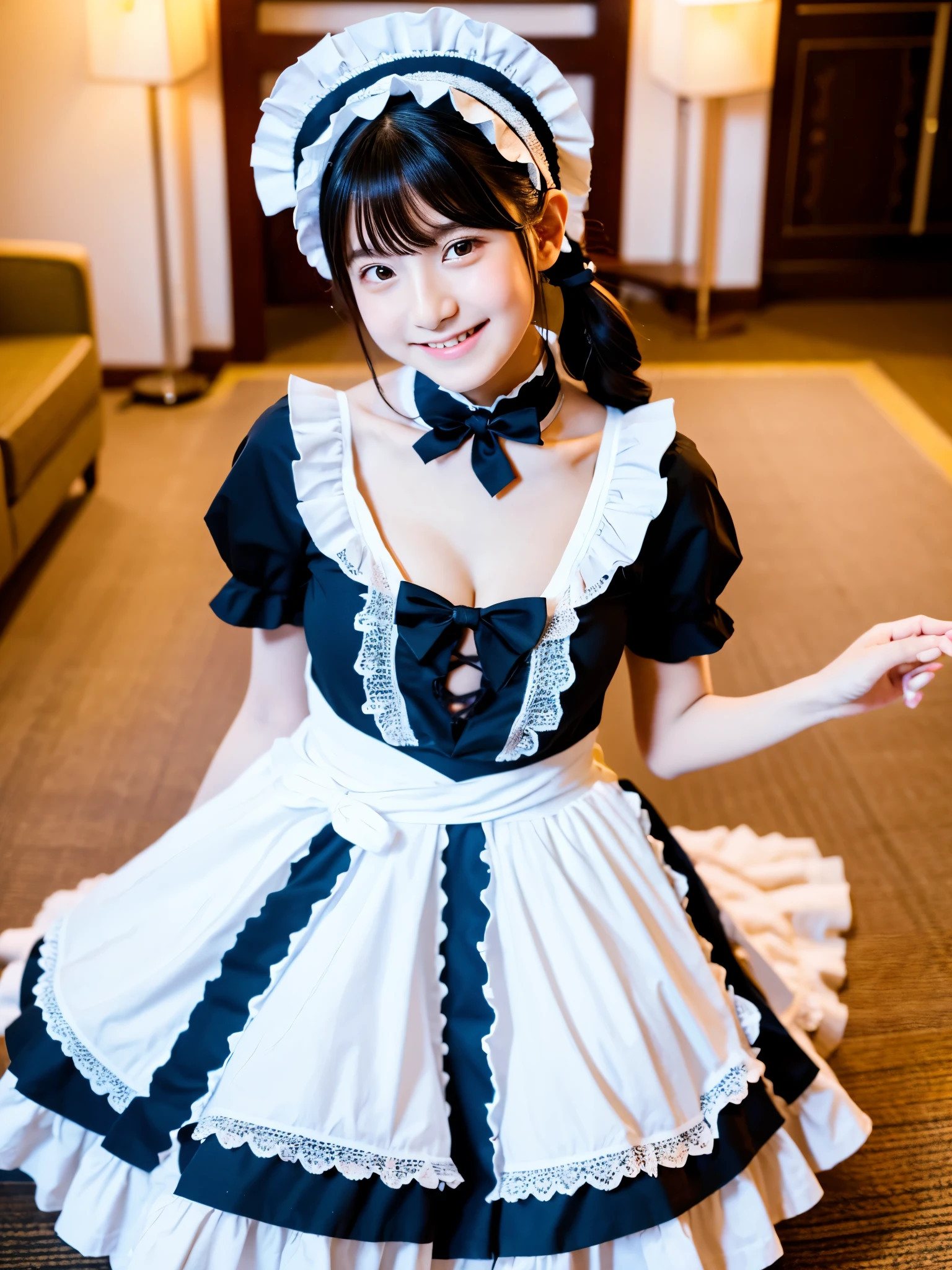 Cute face like a 15-year-old idol Smiling Kindly Japanese Gothic Lolita Cosplay Frills Maid clothes Cleavage morning Hotel Living Room (stand) (Whole body) RAW Photos High resolution Genuine live-action Accurate depiction Realistic