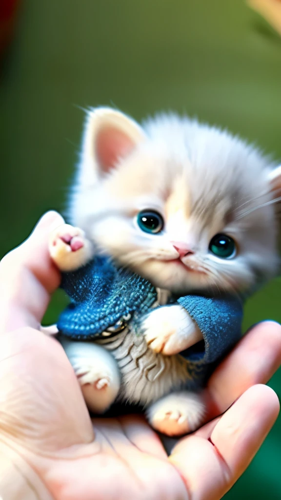 kitten in clothes, detailed paws、Cute Paw、miniature kitten, Animal focus, bearded, realistic, POV Hand, ambiguous background,smile,interesting、