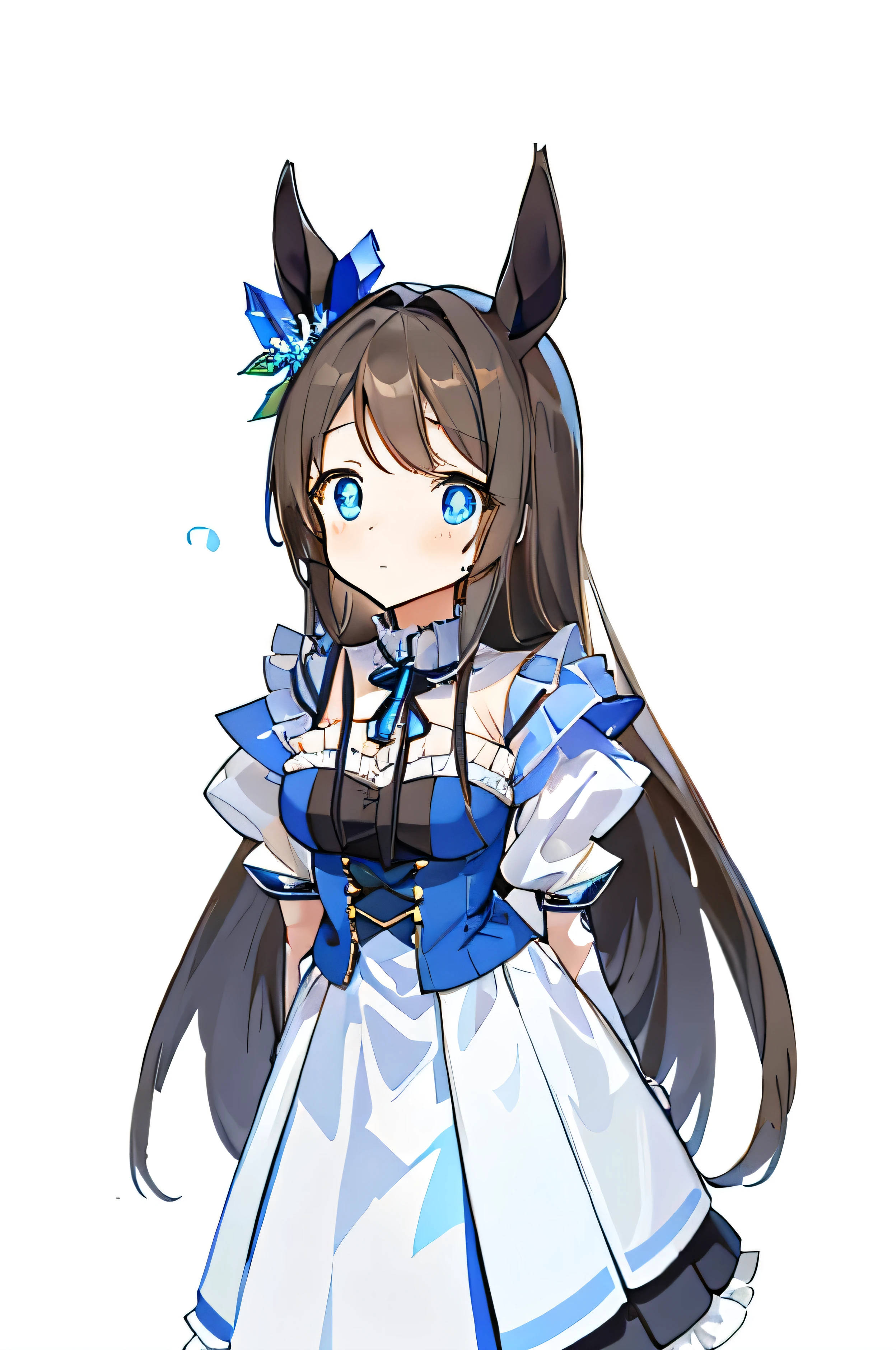 ((masterpiece, Best quality)),(Implications),(Detailed lighting),((Extremely exquisite and beautiful)),1 girl,Malta,Horse girl,Long gray hair,brown hair,gradient blue eyes,Smart pupils,Black knee socks,black and blue dress,blue socks,Blue Skirt，knee socks,boots,Long sleeve,Frills, Footwear,Off-shoulder, cleavage cutout，Large，stand up，Background shadows，Really brought tears to my eyes