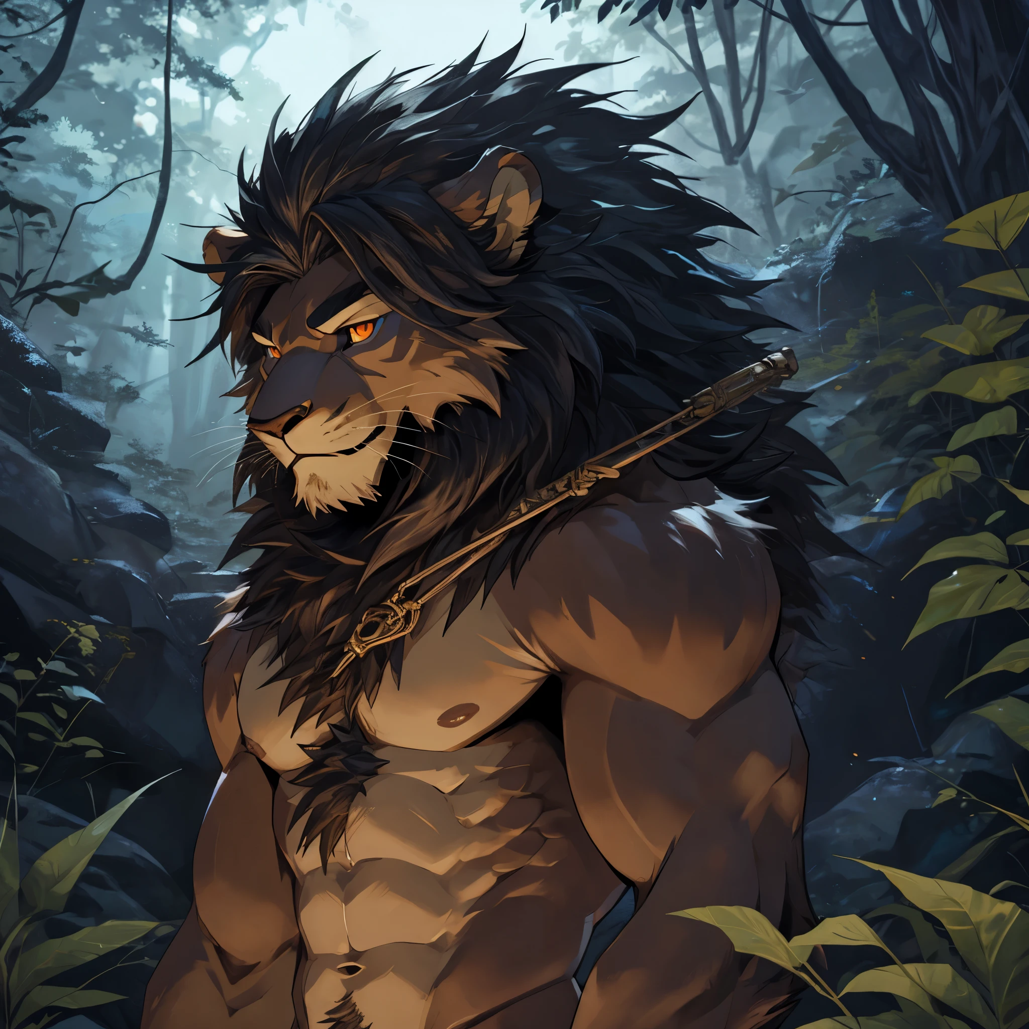 A muscular furry Leon man naked without clothes with fur of darker brown colors than that of a normal lion, which on the chest and neck is a darker beige color, y ojos con iris verde con una pupila oscura, ojos verdes, paleta de colores oscura, en la selva fondo de selva