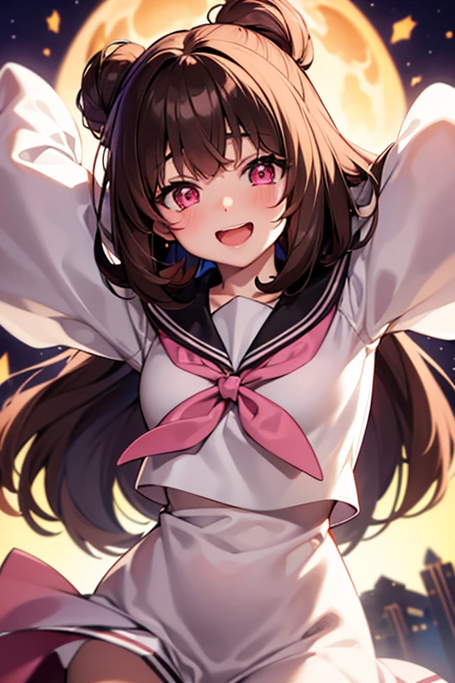 Girl, pale skin, fluffy medium-length brown hair, glowing pink eyes, sailor uniform, laughing maniacally, holding cheeks, cute, yandere, anime