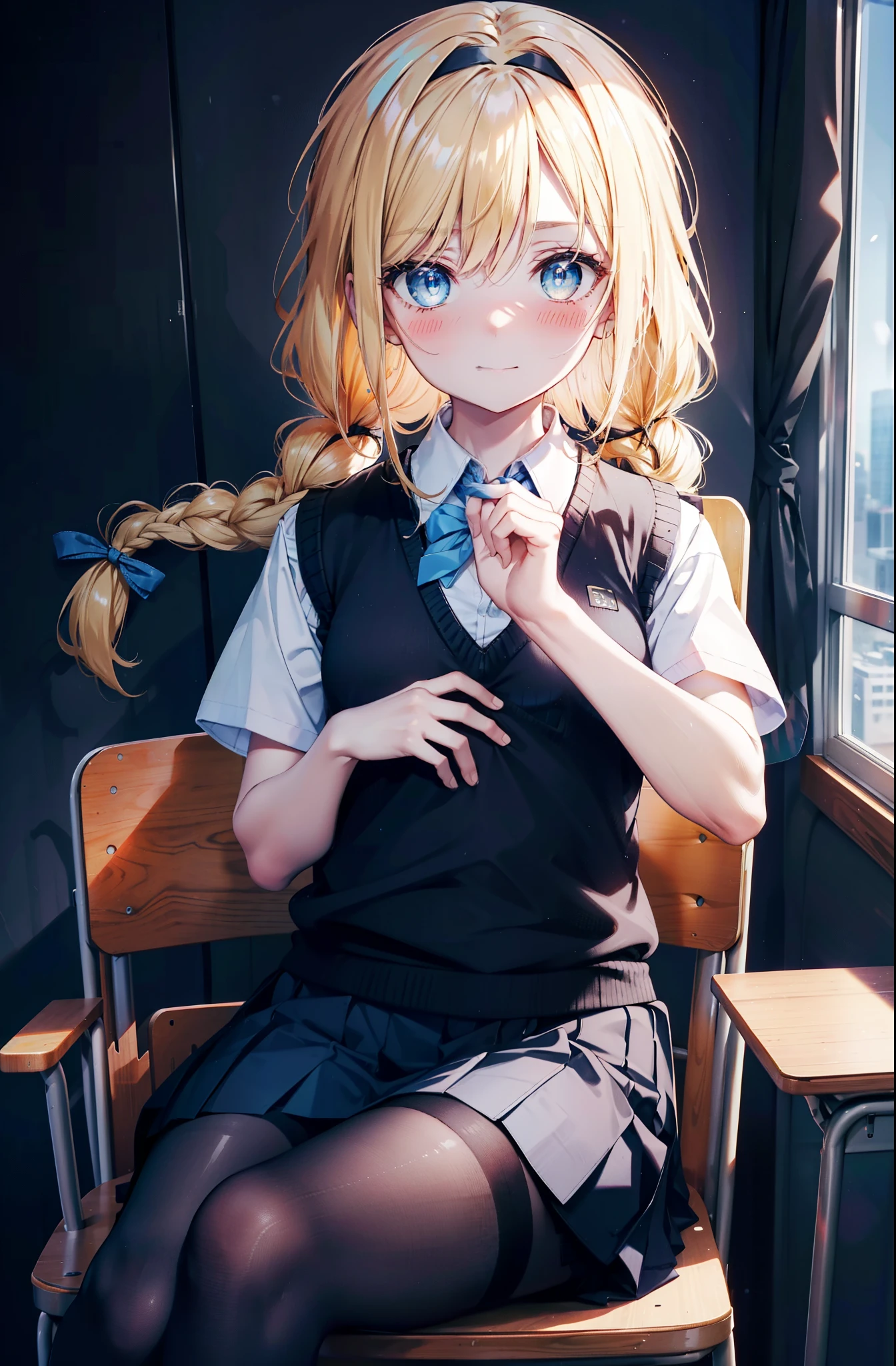Arisburg, Alice Zuberg, bangs, blue eyes, Blonde Hair, Long Hair,Hair between the eyes,Long braids, hair band, white hair band,smile,blush,
break outside, Residential Street,city,break skirt, shirt, bow, ribbon, , white shirt, Short sleeve, Pleated skirt, collared shirt, mini skirt, bowtie, Black Loafers , Black Skirt, Black pantyhose, Brown loafers, green bow, Sweater vest, ( blue Sweater vest:1.5),sitting cross-legged on a chair,whole bodyがイラストに入るように, breakindoors ,School,classroom,
break looking at viewer, whole body,
break (masterpiece:1.2), highest quality, High resolution, unity 8k wallpaper, (shape:0.8), (Fine and beautiful eyes:1.6), Highly detailed face, Perfect lighting, Highly detailed CG, (Perfect hands, Perfect ???????),