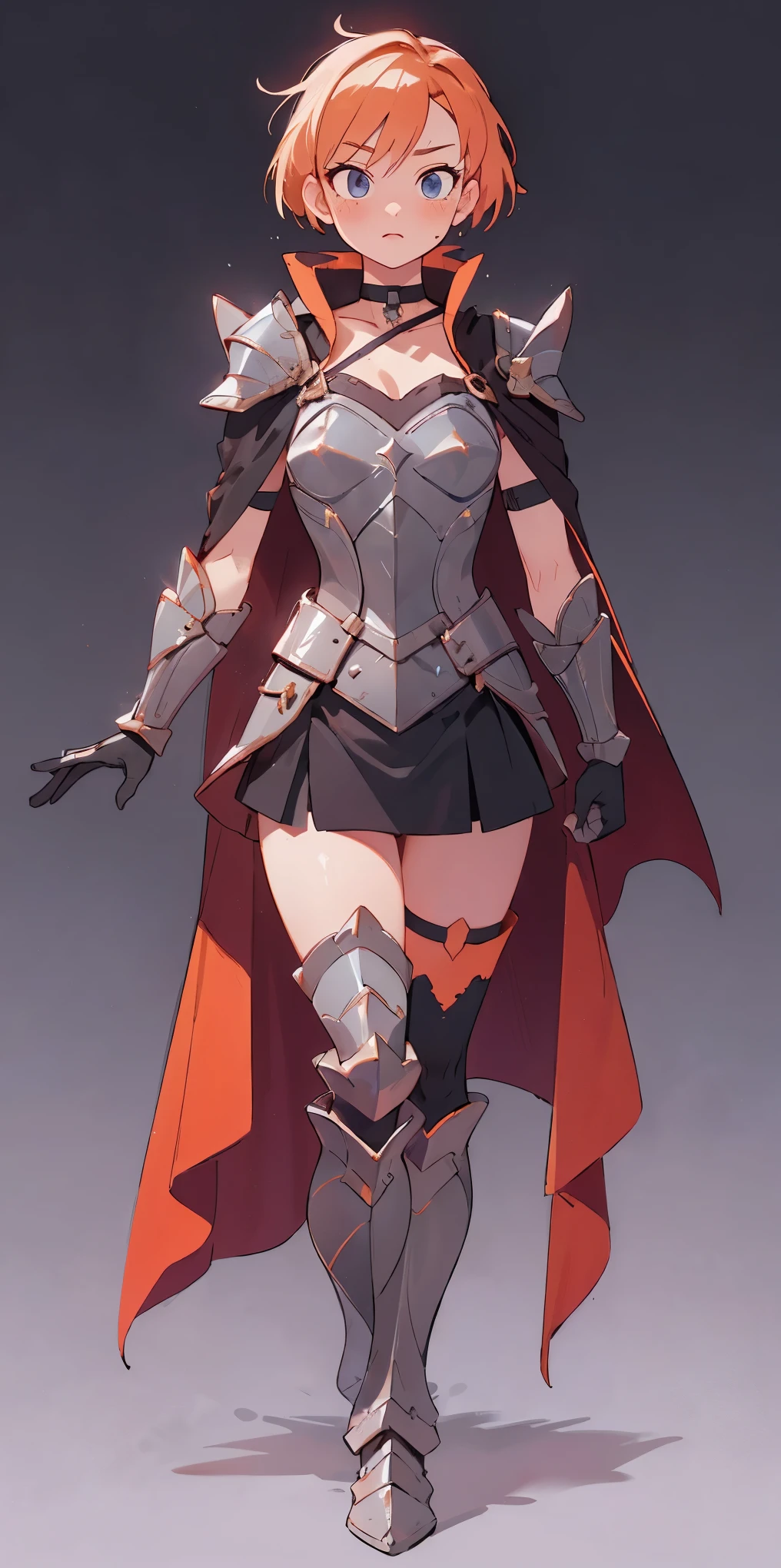 choker, armor, cape, black dress, single glove, thigh highs, armored legwear, orange boots, hyper realistic