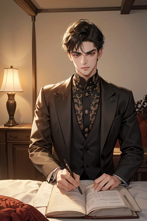 (masutepiece, Digital Art, Digital Illustration, 4K, 8K, Ultra-detailed, beautiful image, Sharp Image, Photorealistic, Raw photo, Perfect face, Perfect lines, Perfect eyes, Soft lighting) 1 male human, (A dark-haired,of hair between the eyes,2 blocks long,short-hair,Slippery hair,deadpan,Lowered eyebrows,Parallel eyebrows,Narrow-eyed,drooing eyes,Beauty,kindly smile,ember,40 years old:1.3),Handsome men, (ember,Man in a suit,Thin macho,Firm shoulder width,Adult male:1.2),Antique furniture,Antique sofa,Leather sofa,Antique table,aroma Candle,fantastical light,candelabra,At work,Sleepy face,Frantically opening your eyes,Troubled face,Beautiful eyebrows,Chunky jaws,Wrinkles at the corners of the eyes,Antique bed,canopy,thickness,Bedroom,Bed Making