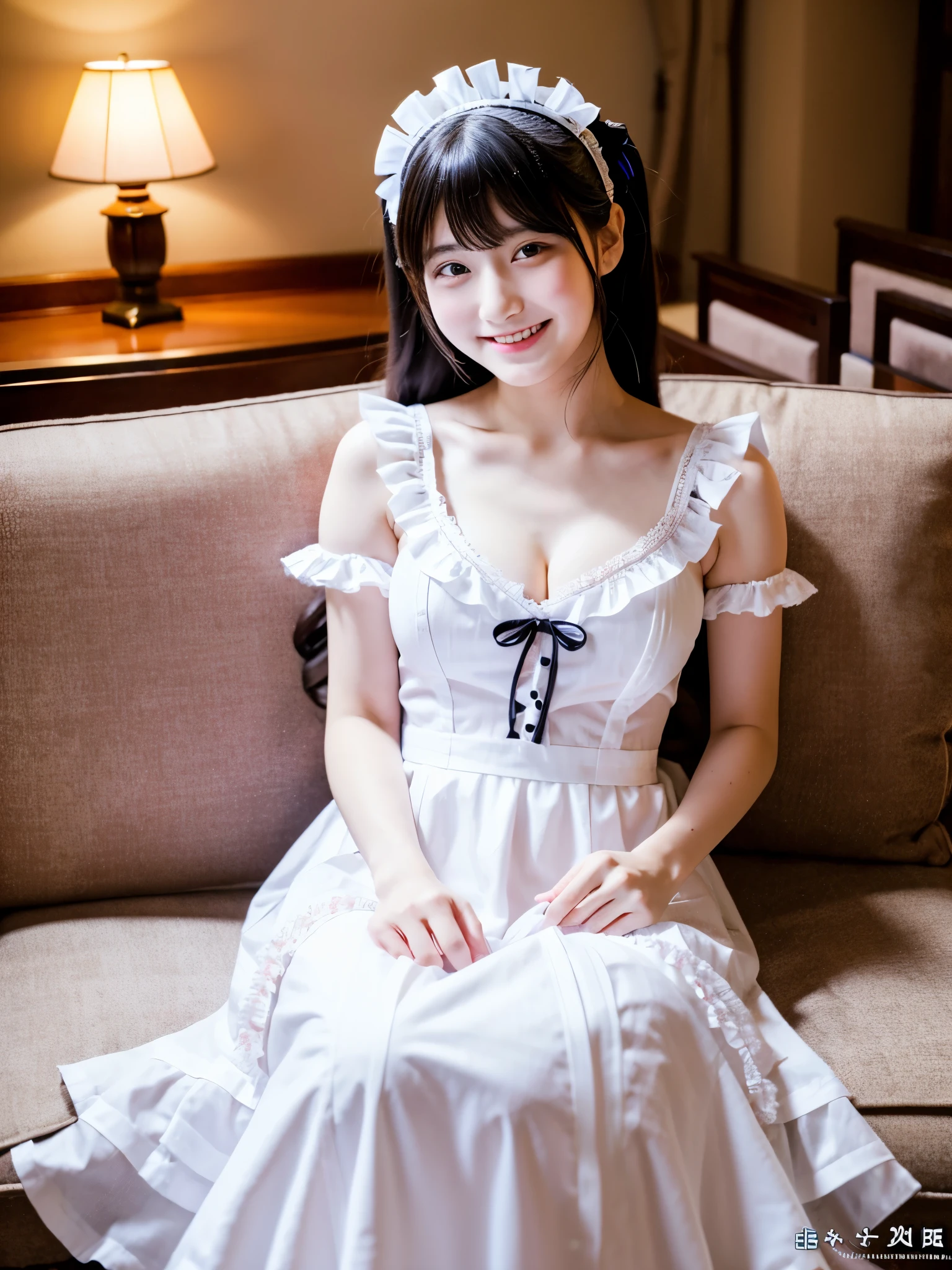 Cute face like an 18-year-old idol Smiling Kindly Japanese Gothic ta Cosplay Frills Maid clothes Cleavage morning Hotel Living Room (Whole body) RAW Photos High resolution Genuine live-action Accurate depiction Realistic