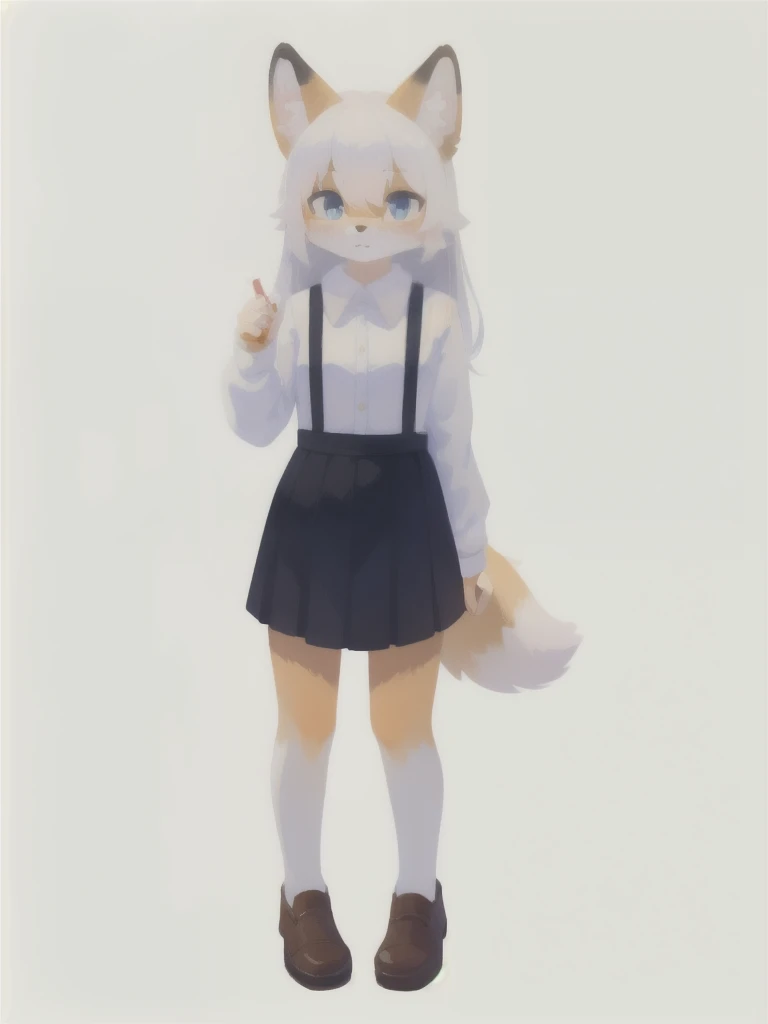 (uploaded on e621, furry, anthro, kemono:1.3),, (best quality, masterpiece, illustration, ultra-detailed:1.3), (white background:1.5), (full body, standing), 1girl, solo, fox girl, long hair, white hair, (suspender skirt, black skirt, white shirt, long sleeves), (looking at viewer:1.3), loafers, blue eyes, (gouache, oil, impressionism)