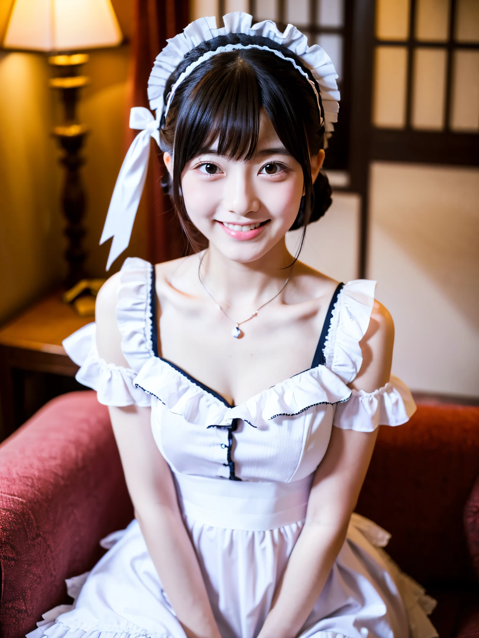 Cute face like an 18-year-old idol　Smiling Kindly　Japanese Gothic Lolita　Cosplay　Frills　Maid clothes　Cleavage　morning　Hotel Living Room　(Whole body)　RAW Photos　High resolution　Genuine　live-action　Accurate depiction　Realistic
