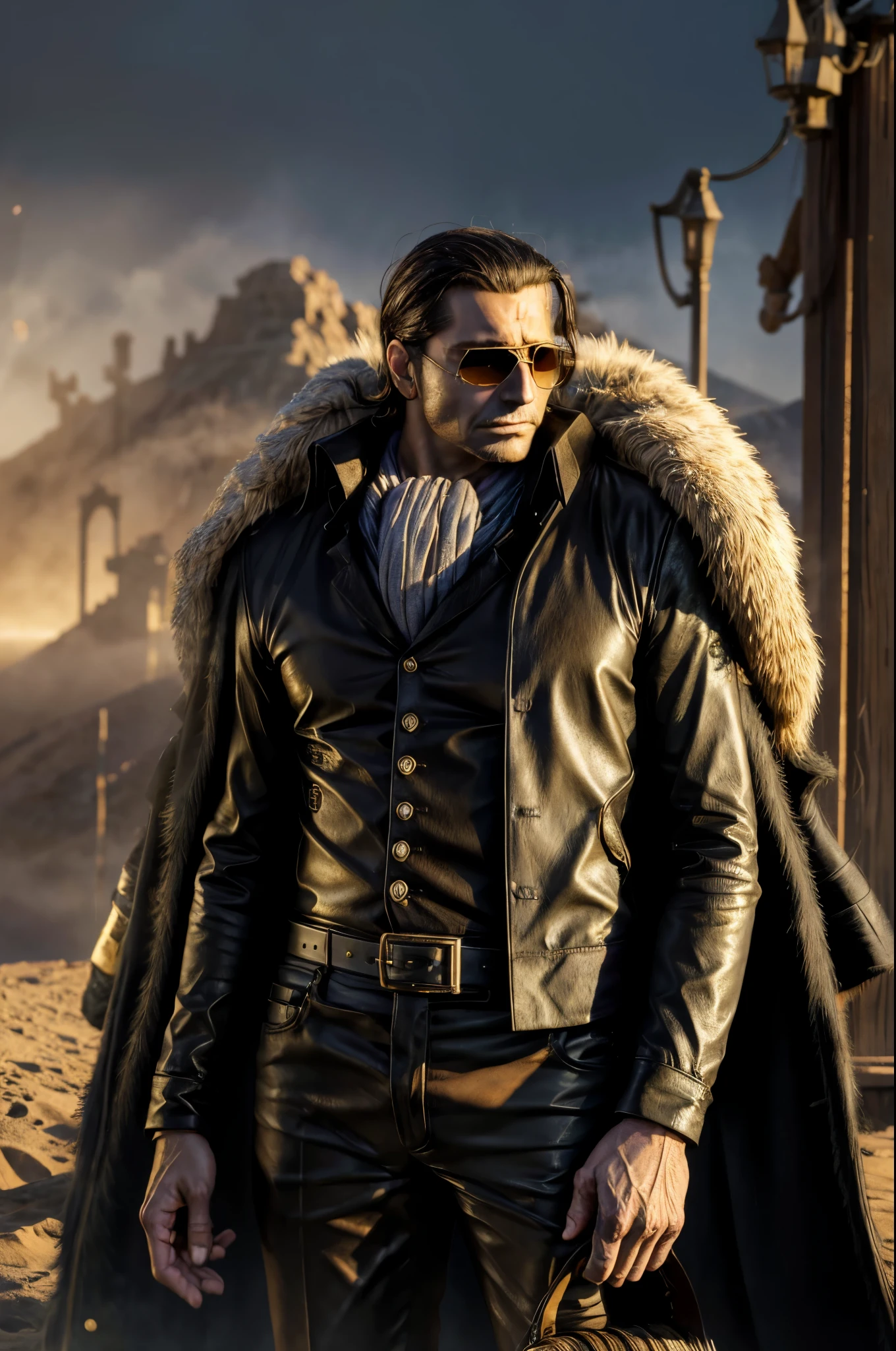 masterpiece, best quality, extremely detailed, hyperrealistic, photorealistic, a cool 40s man, ultra detailed face:1.2, fur-trimmed coat, scarf around the neck, his left hand is a golden pirate hook:1.1, in the night, nightmarish1.1, mystical fog, smoke, desert, piles of weapons, outraged, dynamic angle, cigar, sunglasses