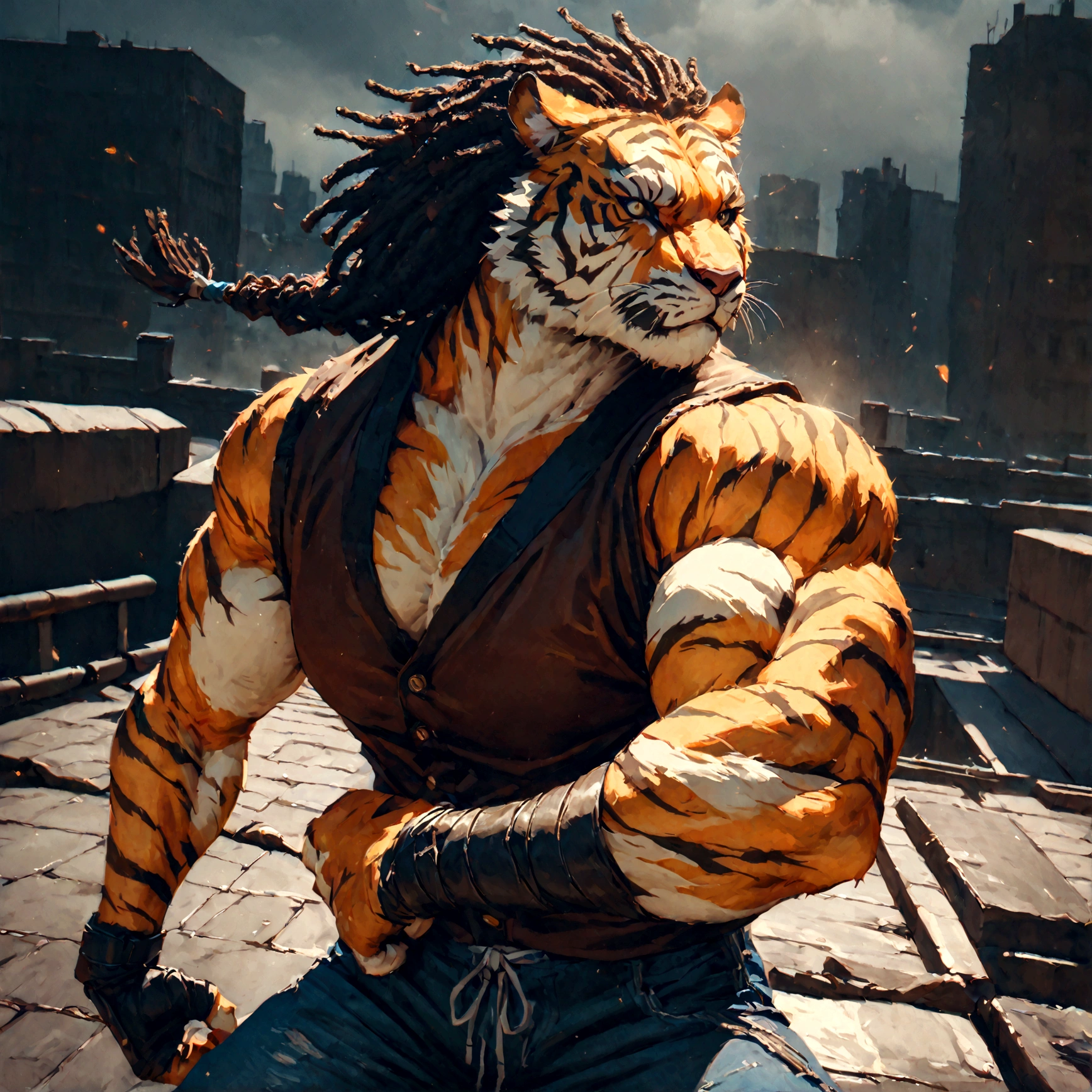 a muscular male furry tiger man, skinny, athletic, wearing leather fingerless gauntlets, long braided dreadlocks, scars and tattoos, tattered jeans, hyper detailed, 8k, photorealistic, dramatic lighting, cinematic composition, dark moody atmosphere, warm color palette has white fur on chest, is fuzzy, martial artist, action pose, on city rooftop, torn jean vest, has bloody handwraps