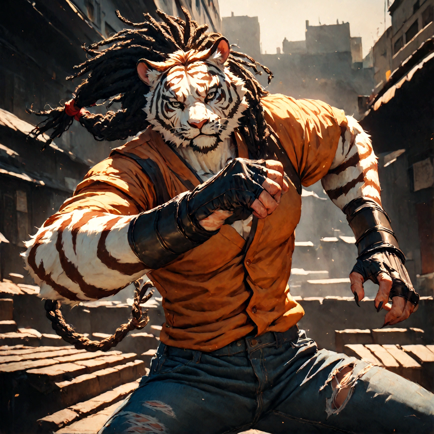 a muscular male furry tiger man, skinny, athletic, wearing leather fingerless gauntlets, long braided dreadlocks, scars and tattoos, tattered jeans, hyper detailed, 8k, photorealistic, dramatic lighting, cinematic composition, dark moody atmosphere, warm color palette has white fur on chest, is fuzzy, martial artist, action pose, on city rooftop, torn jean vest, has bloody handwraps