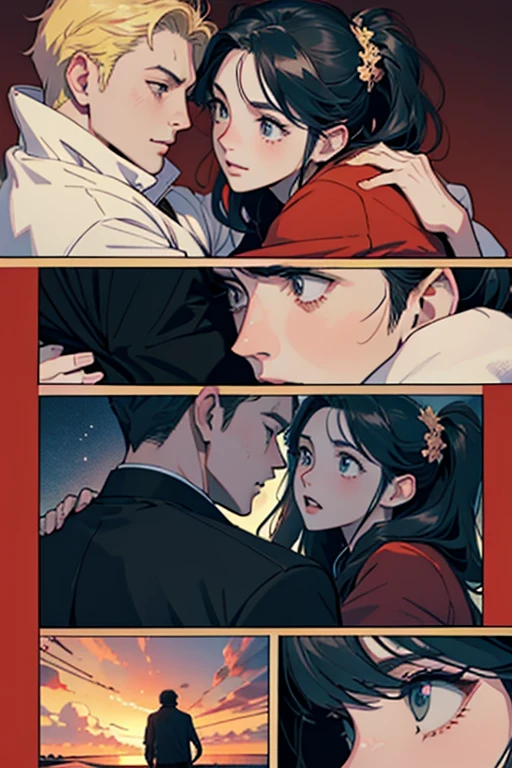 Comic Storyboard:1.8, comic strip, Comic Layout, My favorite manga storyboard, story of a loving couple, anime emoji theme pack, Hyper Hi-Vision, Japanese anime manga style, red background dark sky, 24K UHD.