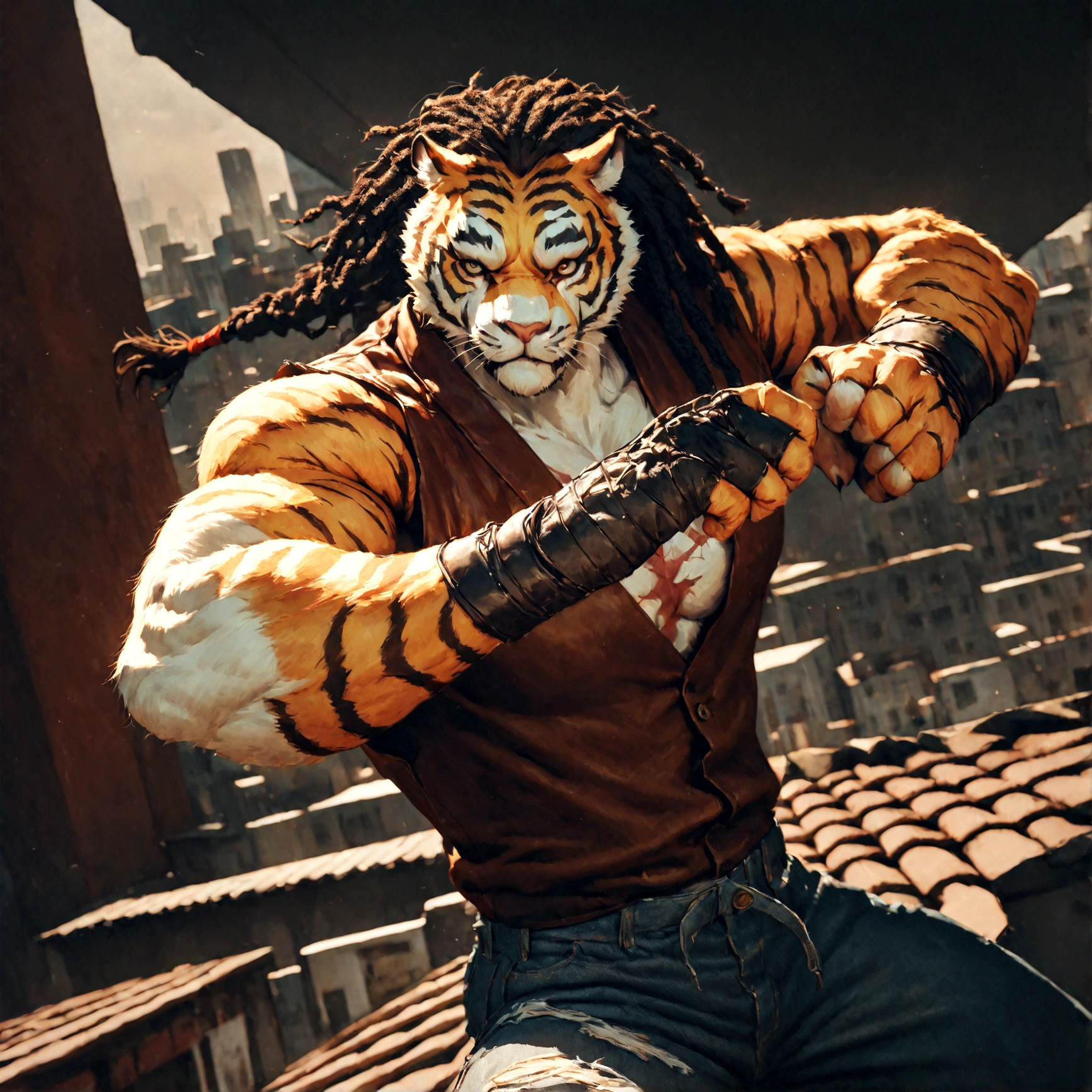 a muscular male furry tiger man, skinny, athletic, wearing leather fingerless gauntlets, long braided dreadlocks, scars and tattoos, tattered jeans, hyper detailed, 8k, photorealistic, dramatic lighting, cinematic composition, dark moody atmosphere, warm color palette has white fur on chest, is fuzzy, martial artist, action pose, on city rooftop, torn jean vest, has bloody handwraps