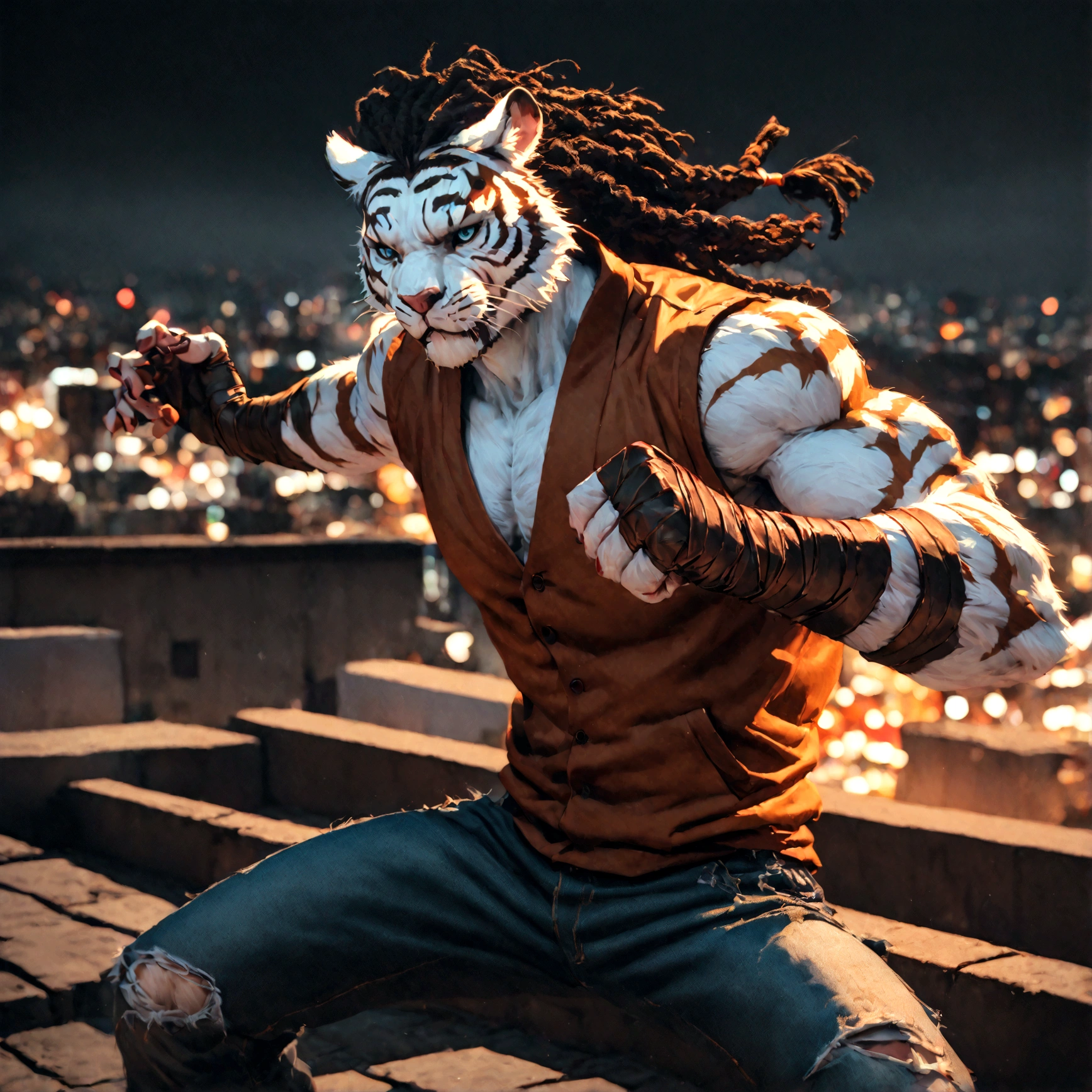 a muscular male furry tiger man, skinny, athletic, wearing leather fingerless gauntlets, long braided dreadlocks, scars and tattoos, tattered jeans, hyper detailed, 8k, photorealistic, dramatic lighting, cinematic composition, dark moody atmosphere, warm color palette has white fur on chest, is fuzzy, martial artist, action pose, on city rooftop, torn jean vest, has bloody handwraps