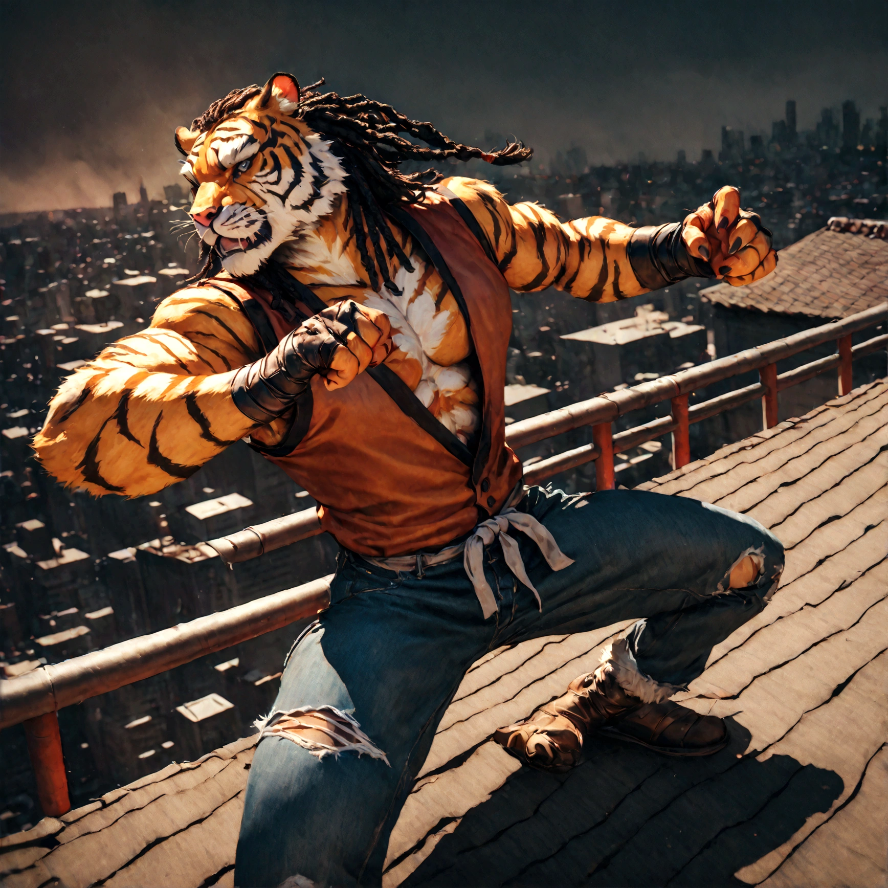 a muscular male furry tiger man, skinny, athletic, wearing leather fingerless gauntlets, long braided dreadlocks, scars and tattoos, tattered jeans, hyper detailed, 8k, photorealistic, dramatic lighting, cinematic composition, dark moody atmosphere, warm color palette has white fur on chest, is fuzzy, martial artist, action pose, on city rooftop, torn jean vest, has bloody handwraps