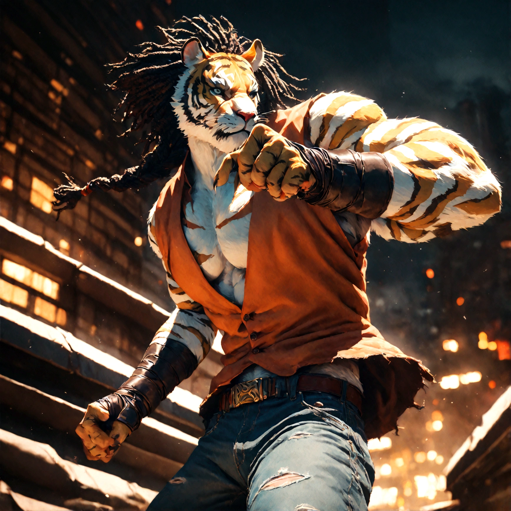 a muscular male furry tiger man, skinny, athletic, wearing leather fingerless gauntlets, long braided dreadlocks, scars and tattoos, tattered jeans, hyper detailed, 8k, photorealistic, dramatic lighting, cinematic composition, dark moody atmosphere, warm color palette has white fur on chest, is fuzzy, martial artist, action pose, on city rooftop, torn jean vest, has bloody handwraps