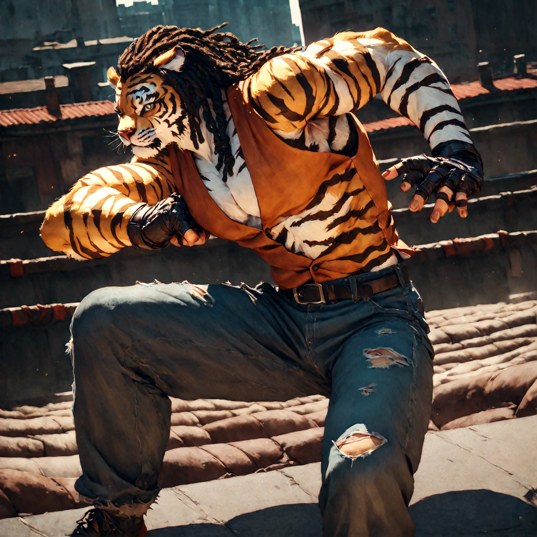 a muscular male furry tiger man, skinny, athletic, wearing leather fingerless gauntlets, long braided dreadlocks, scars and tattoos, tattered jeans, hyper detailed, 8k, photorealistic, dramatic lighting, cinematic composition, dark moody atmosphere, warm color palette has white fur on chest, is fuzzy, martial artist, action pose, on city rooftop, torn jean vest, has bloody handwraps