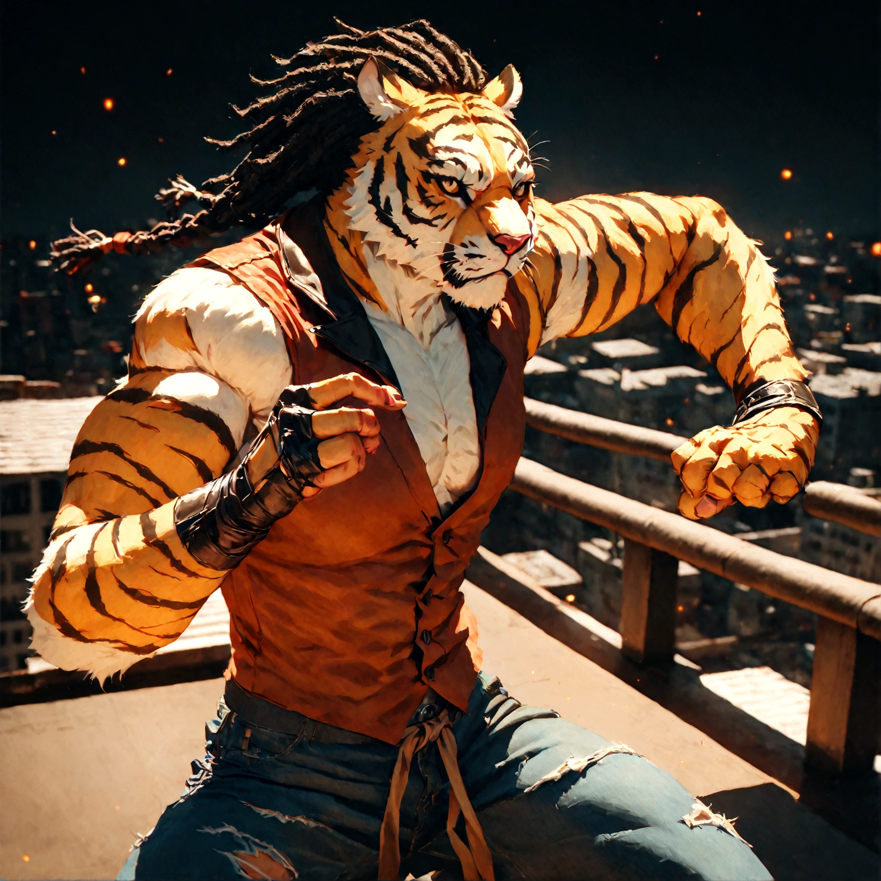 a muscular male furry tiger man, skinny, athletic, wearing leather fingerless gauntlets, long braided dreadlocks, scars and tattoos, tattered jeans, hyper detailed, 8k, photorealistic, dramatic lighting, cinematic composition, dark moody atmosphere, warm color palette has white fur on chest, is fuzzy, martial artist, action pose, on city rooftop, torn jean vest, has bloody handwraps