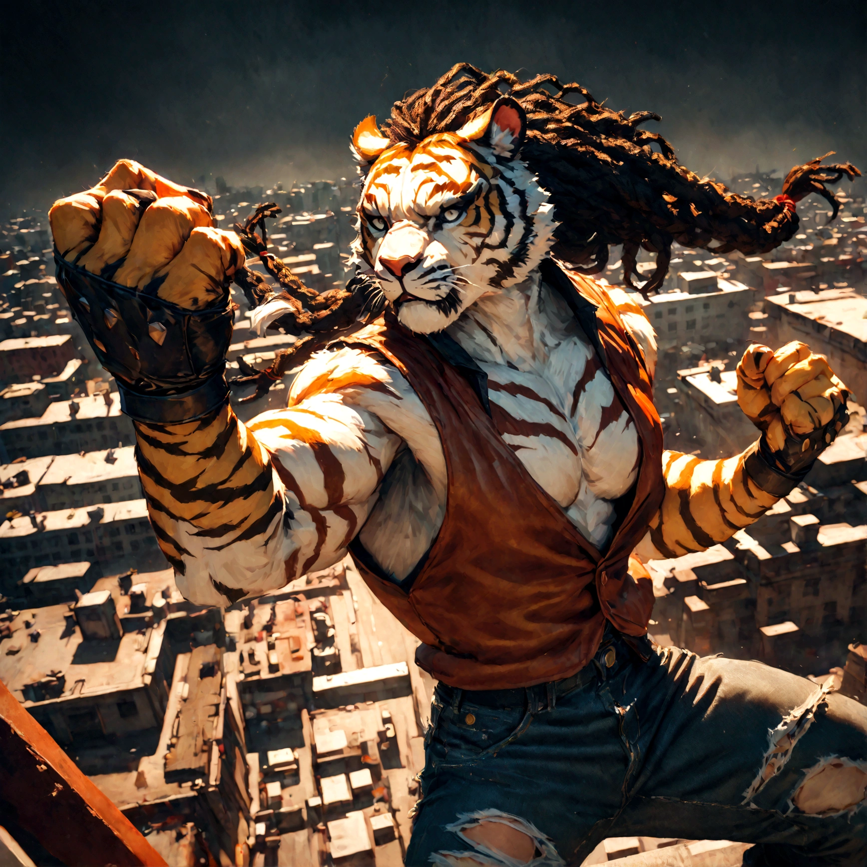a muscular male furry tiger man, skinny, athletic, wearing leather fingerless gauntlets, long braided dreadlocks, scars and tattoos, tattered jeans, hyper detailed, 8k, photorealistic, dramatic lighting, cinematic composition, dark moody atmosphere, warm color palette has white fur on chest, is fuzzy, martial artist, action pose, on city rooftop, torn jean vest, has bloody handwraps