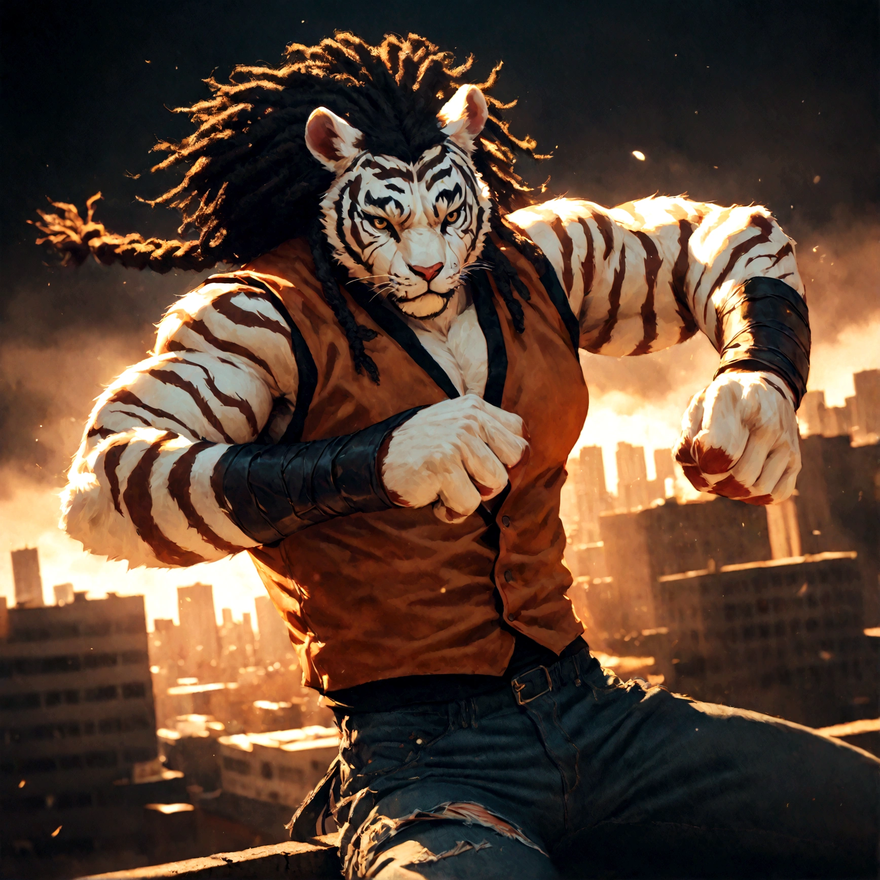 a muscular male furry tiger man, skinny, athletic, wearing leather fingerless gauntlets, long braided dreadlocks, scars and tattoos, tattered jeans, hyper detailed, 8k, photorealistic, dramatic lighting, cinematic composition, dark moody atmosphere, warm color palette has white fur on chest, is fuzzy, martial artist, action pose, on city rooftop, torn jean vest, has bloody handwraps