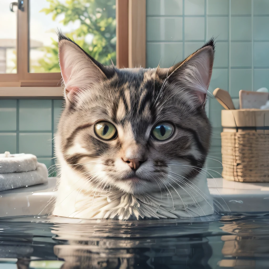 raw photo , 8K, ultra detailed,(round face), (cat in bath:1.3), (smile:1.2)
