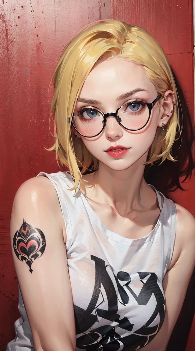 young woman, riley nixon haircut, blonde hair, very short hair, bald, white tank t-shirt shirt, red moon tattoo, right arm tattooed, wearing glasses, blonde hair, riley nixon haircut, lipstick Black, piercings on the face, on a skyscraper, Looking at the viewer, Storm city, 4k