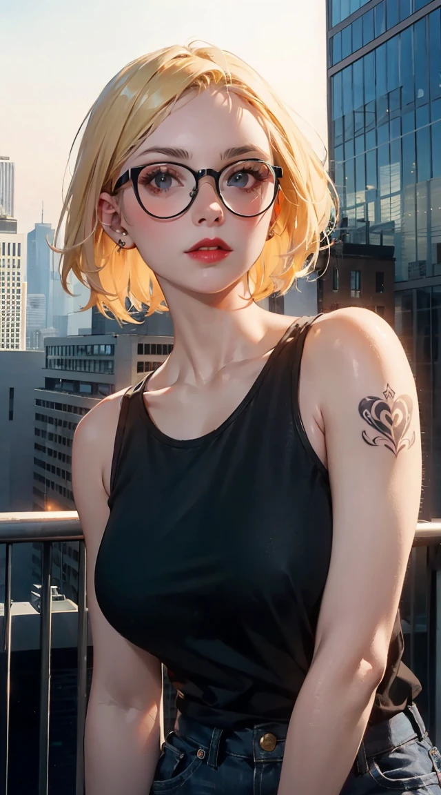 young woman, riley nixon haircut, blonde hair, very short hair, bald, white tank t-shirt shirt, red moon tattoo, right arm tattooed, wearing glasses, blonde hair, riley nixon haircut, lipstick Black, piercings on the face, on a skyscraper, Looking at the viewer, Storm city, 4k