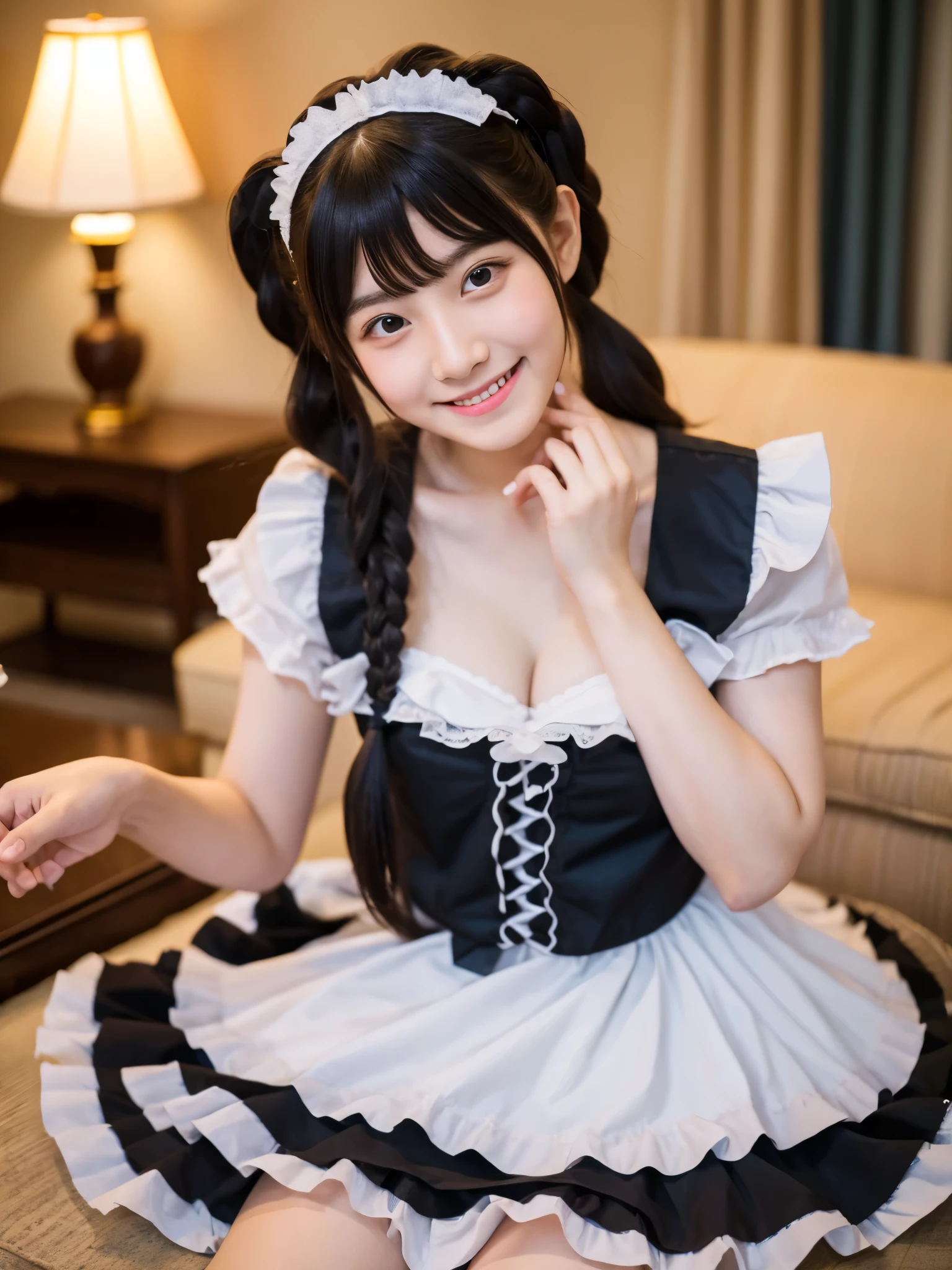 Cute face like an 18-year-old idol Smiling Kindly Japanese Gothic ta Cosplay Frills Maid clothes Cleavage morning Hotel Living Room (Whole body) RAW Photos High resolution Genuine live-action Accurate depiction Realistic