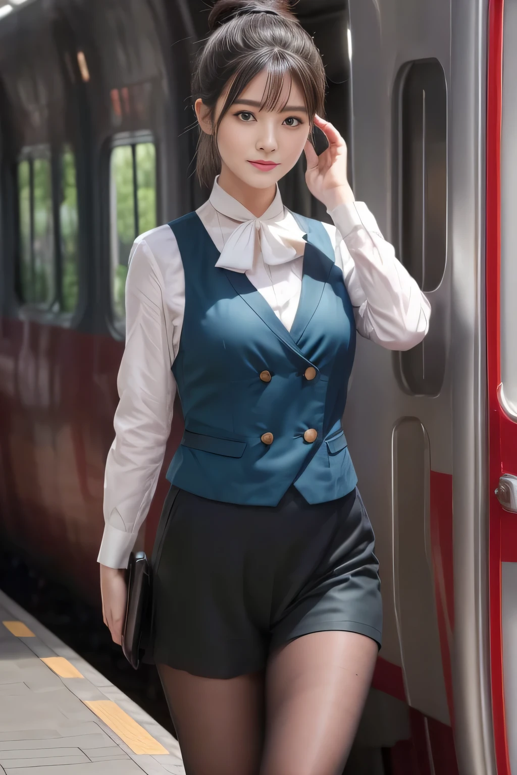 (masterpiece:1.2, highest quality:1.2), 32K HDR, High resolution, (alone、1 girl)、（At the station platform in the afternoon、Professional Lighting）、Empty train station platform background、（Nankai Train crew uniformを着たリアルスタイル）、（The green vest of the Nankai Railway crew uniform、Nankai Railway crew uniform long sleeve no-collar blouse、Nankai Railway crew uniform, black wrap culottes）、a scarf around the neck、Dark brown hair、（Hair tied up、Hair Bun、Hair Bun）、Dark brown hair、Long Shot、Big Breasts、Thin legs、（（Great hands：2.0）），（（Harmonious body proportions：1.5）），（（Normal limbs：2.0）），（（Normal finger：2.0）），（（Delicate eyes：2.0）），（（Normal eyes：2.0））)、smile、（（A beautiful walker showing off her black wraparound culottes））