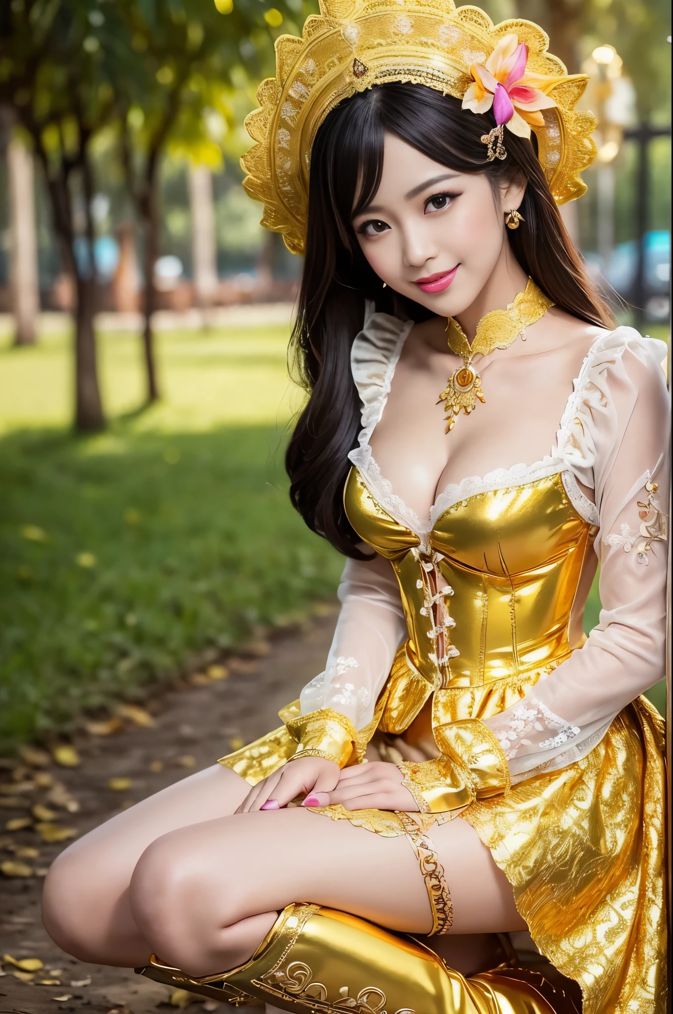 nsfw, sexy golden Thai princess, only 1 female, ((doll-like appearance)), short fuchsia stylish hair, ((shiny Victorian-Style boots)), (big smile), ultra detailed eyes, vivid golden eye makeup, lipgloss, long lashes, defined eyebrows, ((sexy golden Paradise Kiss cosplay)), bell-shaped skirt, petticoats, high neckline, puffed sleeves, ((ultra detailed golden lace)), ((ultra detailed golden embroidery)), intricate details, golden Paradise Kiss accessoires and matching golden headpiece, golden choker, ((large sparkling golden Paradise Kiss jewelry)), cinematic light, detailed large park background with trees