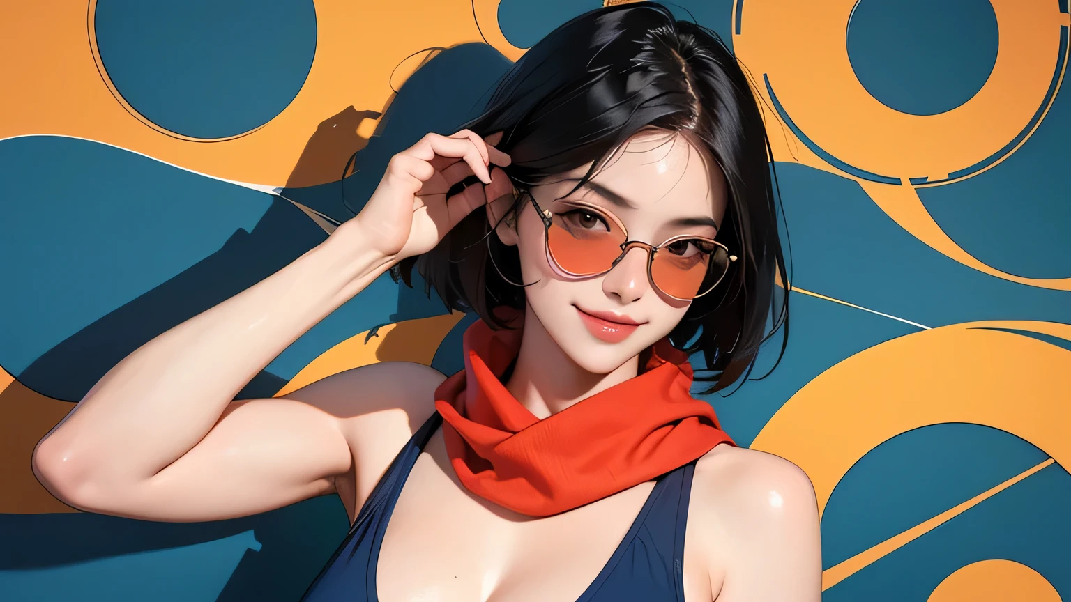 (masterpiece, best quality, 8k wallpaper, high resolution, ultra-realistic) Two women, Japanese girls, 18 years old, long hair and short hair, duo, sunglasses, red long scarf around neck, (masterpiece: 1.2, best quality), (realistic, photorealistic: 1.4), (masterpiece, best quality), looking at you, navy blue school swimsuit, cleavage, D cup, sexy pose, kenpo pose, full body, best proportions, white skin, black hair, looking forward, smiling, 1970s sunglasses, psychedelic background