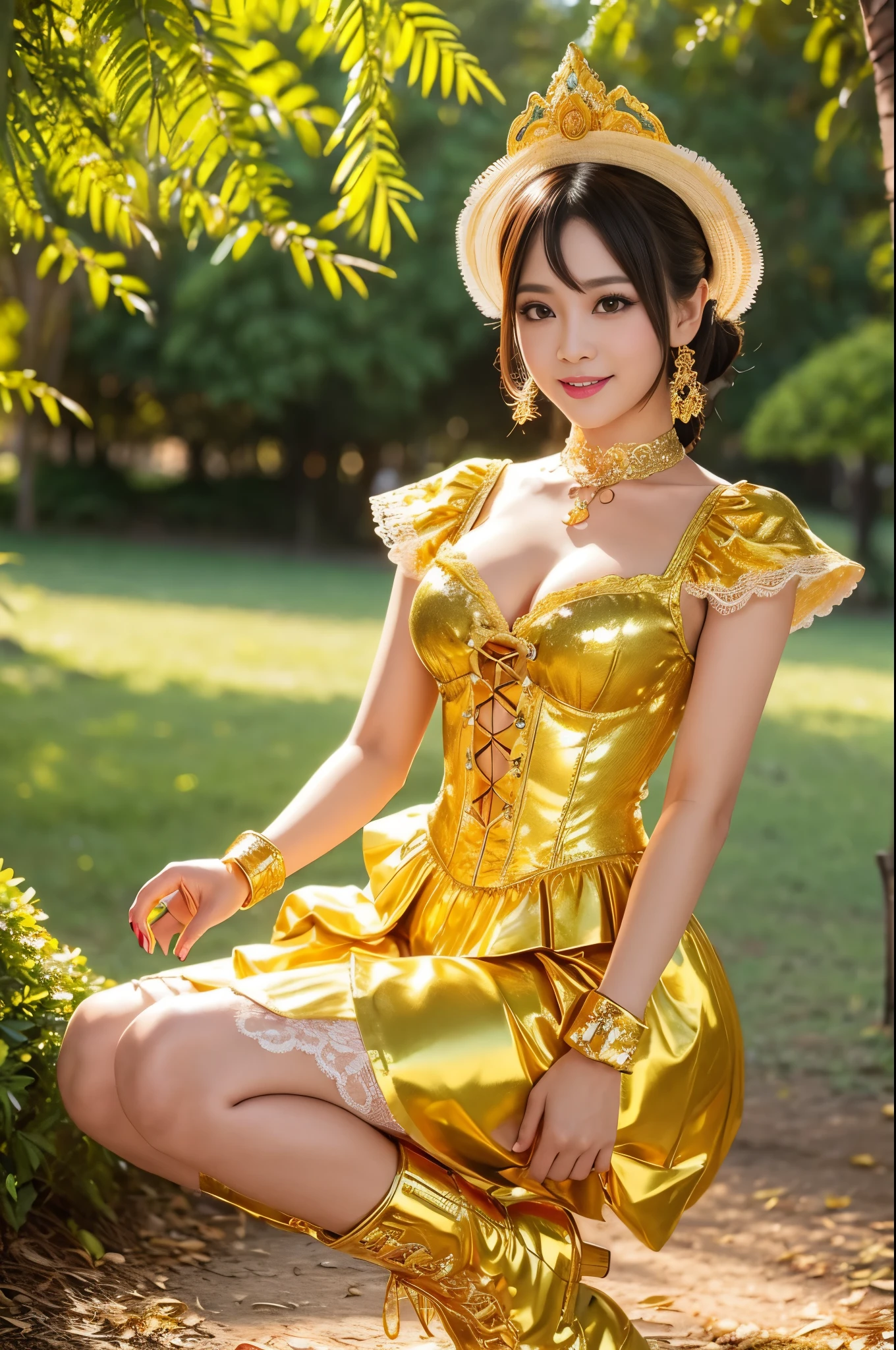 nsfw, sexy golden Thai princess, only 1 female, ((doll-like appearance)), short fuchsia stylish hair, ((shiny Victorian-Style boots)), (big smile), ultra detailed eyes, vivid golden eye makeup, lipgloss, long lashes, defined eyebrows, ((sexy golden Paradise Kiss cosplay)), bell-shaped skirt, petticoats, high neckline, puffed sleeves, ((ultra detailed golden lace)), ((ultra detailed golden embroidery)), intricate details, golden Paradise Kiss accessoires and matching golden headpiece, golden choker, ((large sparkling golden Paradise Kiss jewelry)), cinematic light, detailed large park background with trees