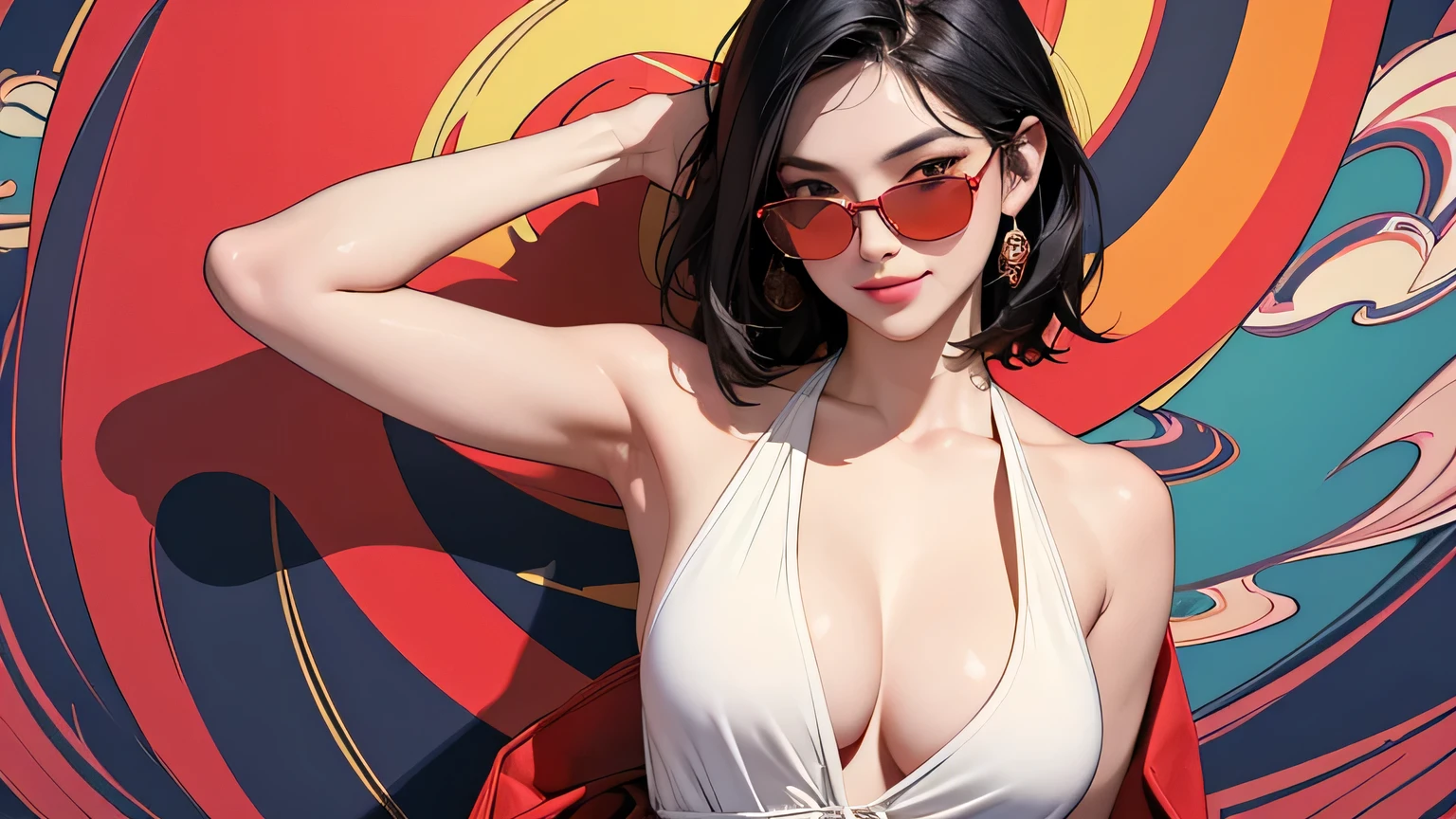 (masterpiece, best quality, 8k wallpaper, high resolution, ultra-realistic) Two women, Japanese girls, 18 years old, long hair and short hair, duo, sunglasses, red long scarf around neck, (masterpiece: 1.2, best quality), (realistic, photorealistic: 1.4), (masterpiece, best quality), looking at you, navy blue school swimsuit, cleavage, D cup, sexy pose, kenpo pose, full body, best proportions, white skin, black hair, looking forward, smiling, 1970s sunglasses, psychedelic background